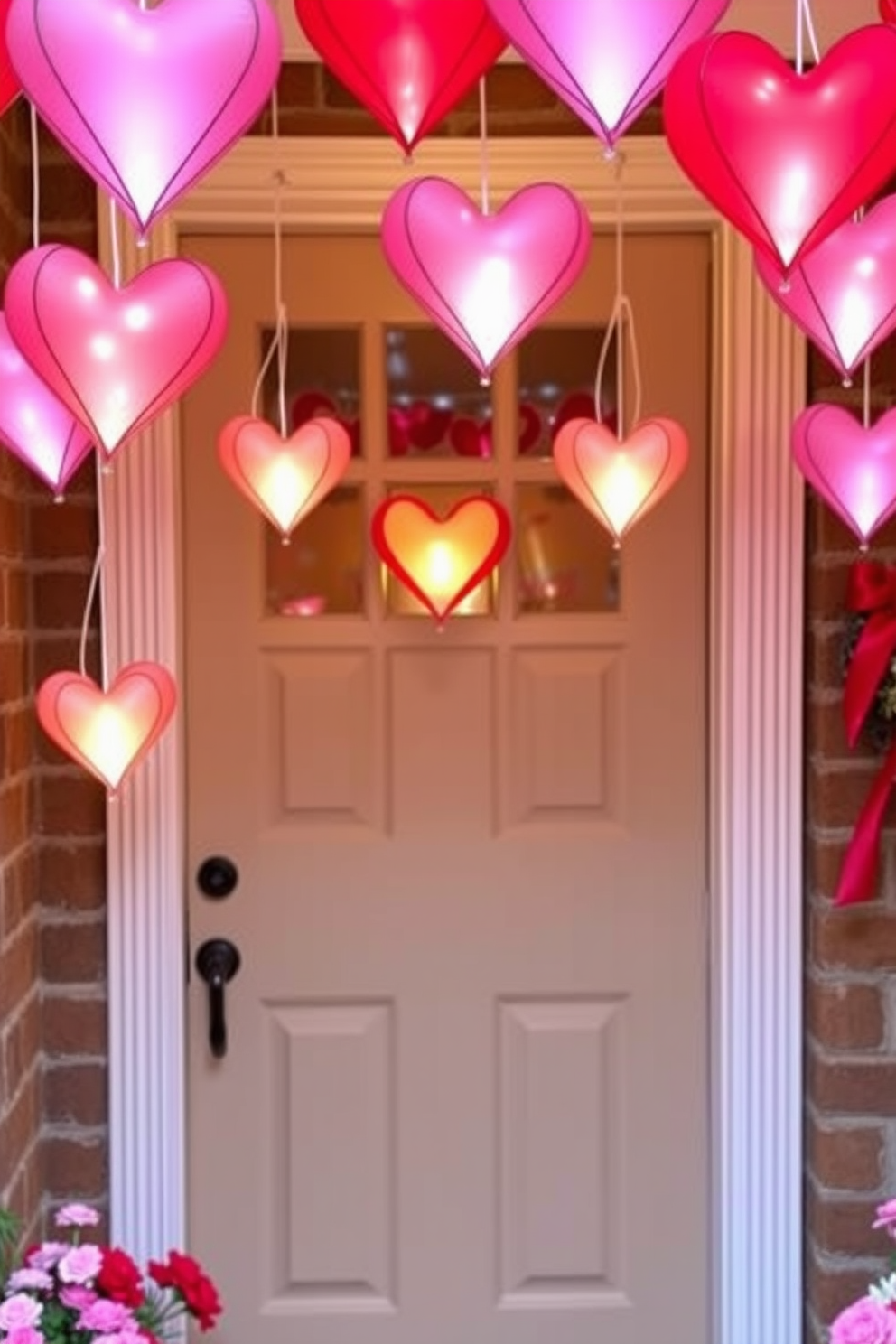 A charming front door adorned with heart-shaped lanterns creates a warm and inviting ambiance. The lanterns are hung in varying heights, casting a soft glow that enhances the festive Valentine's Day spirit.