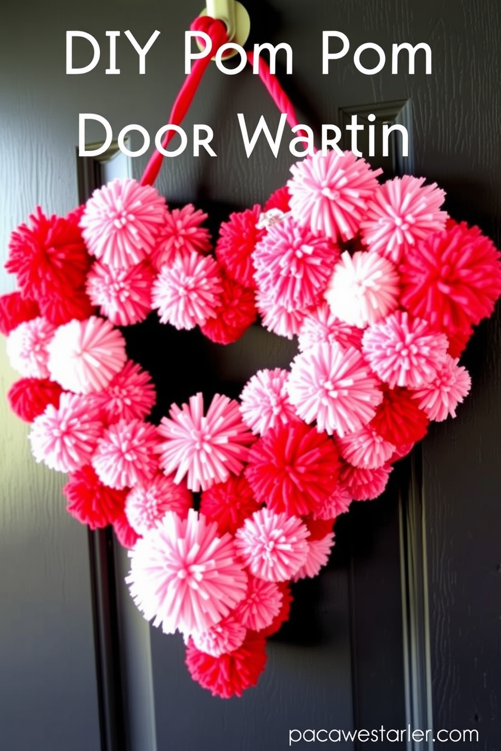 A charming DIY pom pom heart door hanger crafted with vibrant yarn in shades of red and pink. The heart shape is adorned with various sizes of fluffy pom poms, creating a playful and inviting decoration for your front door.