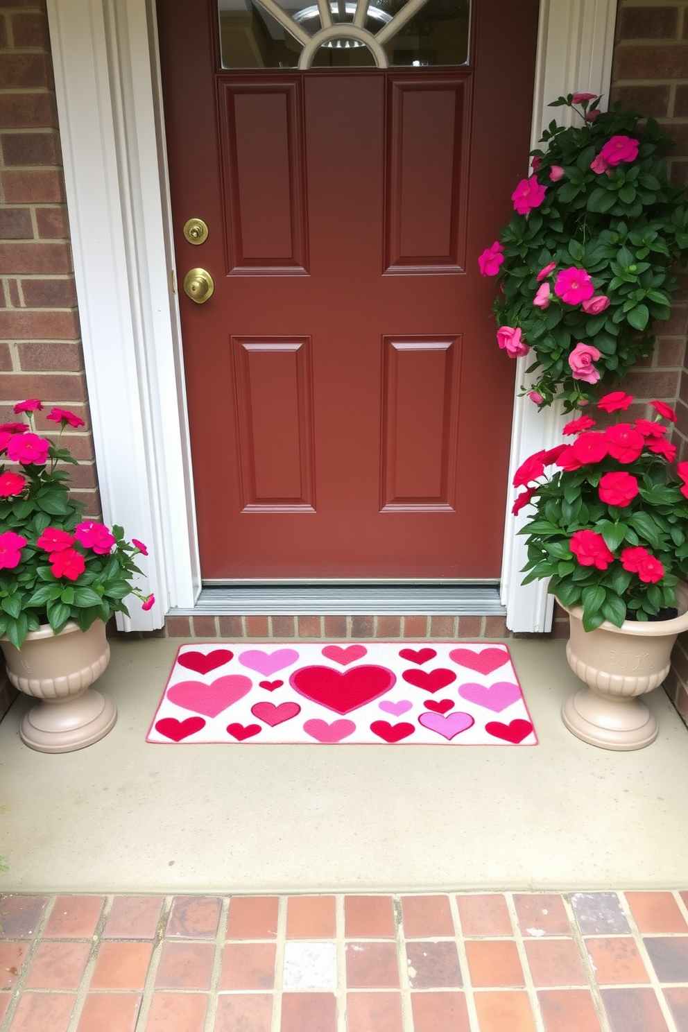 A charming front door adorned with a Valentine's Day themed door mat featuring heart patterns in shades of red and pink. Flanking the door are two potted plants with vibrant flowers, adding a touch of color and warmth to the entrance.