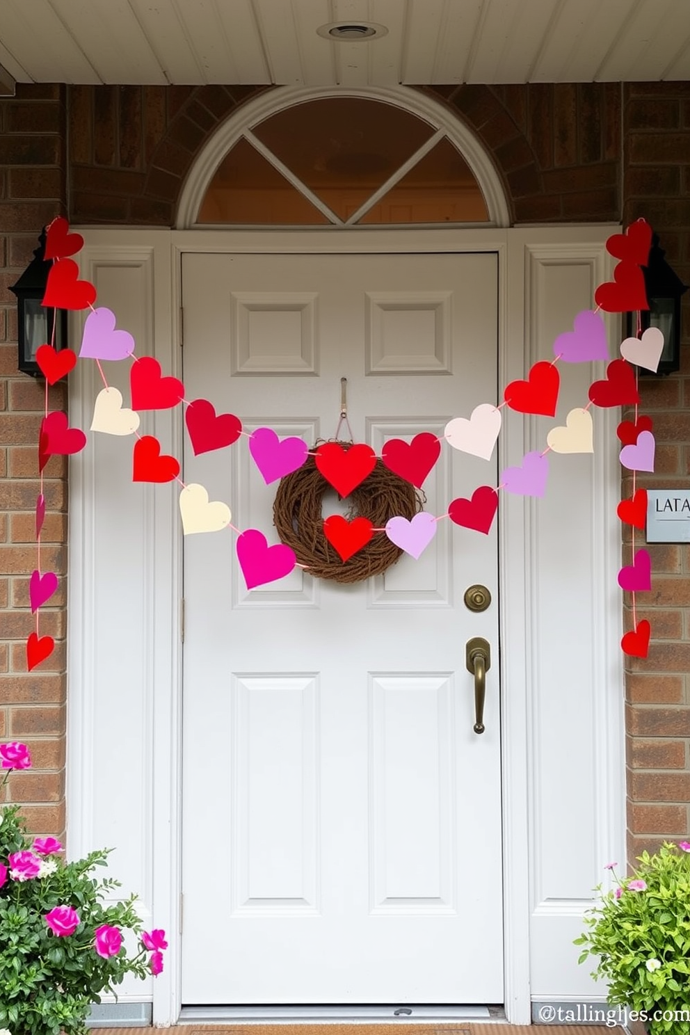 A charming front entrance adorned with colorful heart banners strung across the door. The vibrant decorations create a festive atmosphere, welcoming guests with a playful touch for Valentine's Day.