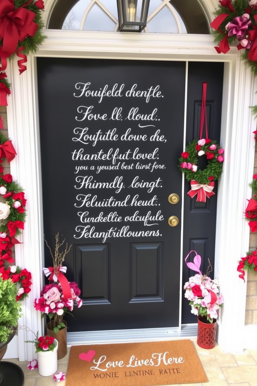 A charming front door adorned with a large chalkboard displaying heartfelt love quotes in elegant white script. Surrounding the door are festive Valentine's Day decorations including red and pink garlands, heart-shaped wreaths, and a welcoming mat that reads 