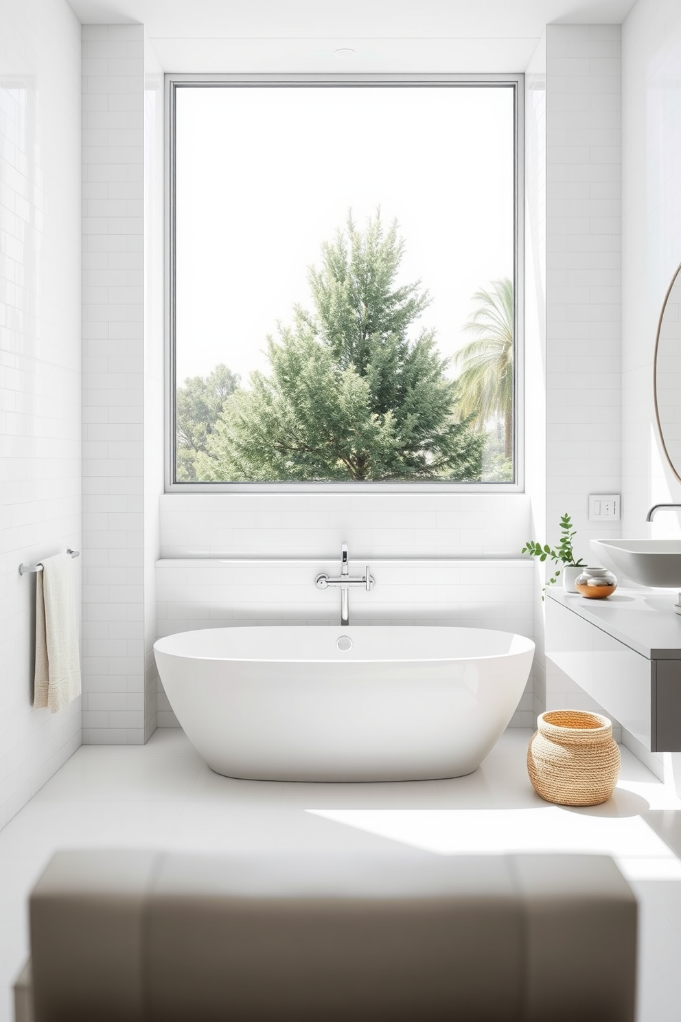 A modern minimalist bathroom design featuring sleek fixtures and a spacious layout. The walls are painted in crisp white, complemented by a floating vanity with a single basin and a large frameless mirror above it. The shower area is enclosed with clear glass, showcasing a rainfall showerhead and minimalist shelving. Natural light floods the space through a large window, highlighting the simplicity and elegance of the design.