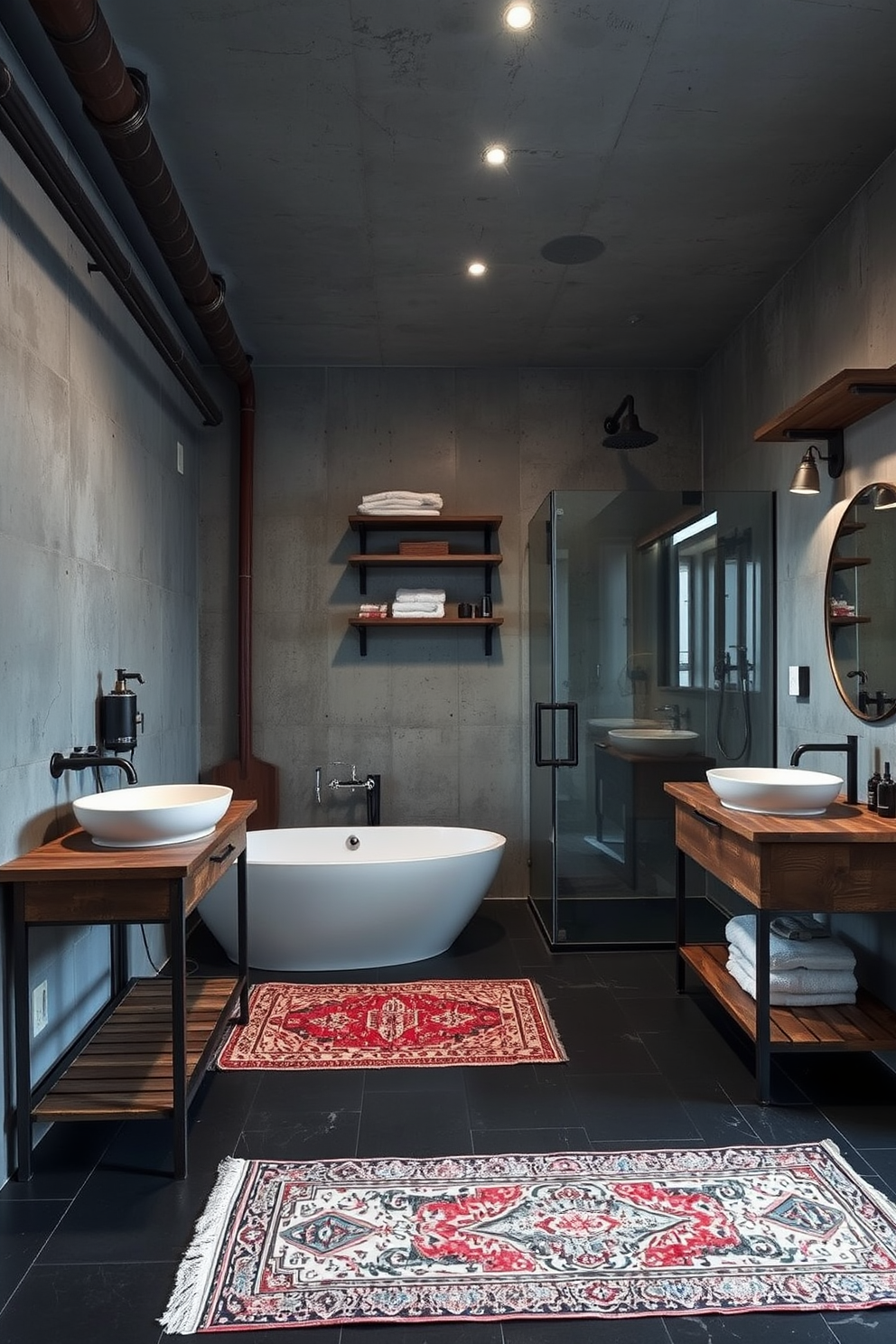 An eclectic full bathroom design featuring a vintage clawfoot bathtub paired with sleek modern fixtures. The walls are adorned with a mix of bold patterned wallpaper and contemporary art pieces, creating a unique visual contrast. A rustic wooden vanity with a distressed finish sits beneath a large round mirror framed in a modern metallic style. The floor is a combination of reclaimed wood tiles and colorful mosaic accents, adding warmth and character to the space.