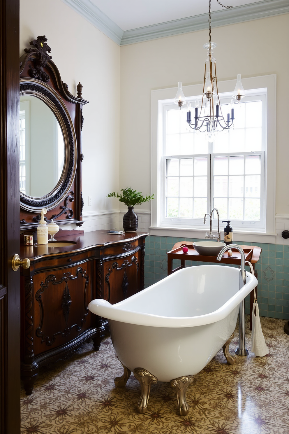 A luxurious soaking tub is elegantly positioned beneath a stunning skylight that floods the space with natural light. Surrounding the tub, the bathroom features marble tiles and a chic freestanding faucet, creating a serene oasis for relaxation. The walls are adorned with soft neutral tones, enhancing the tranquil atmosphere. A stylish wooden bench is placed nearby, complemented by plush towels and decorative candles for an inviting touch.