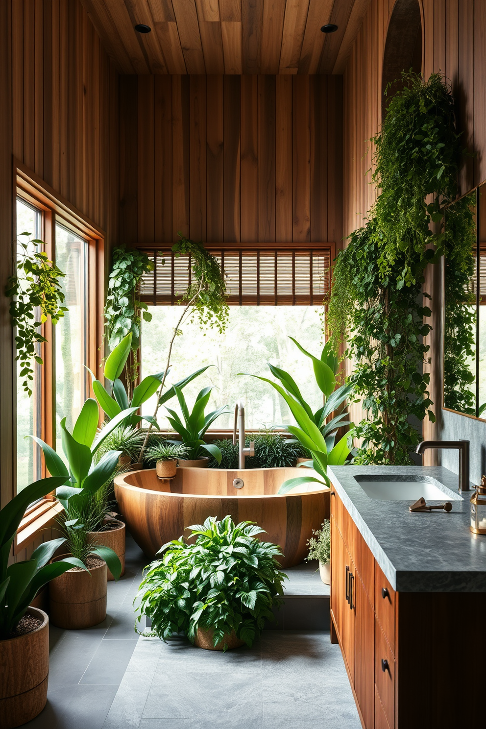 A full bathroom design featuring an industrial style with exposed pipes and a concrete floor. The centerpiece is a freestanding bathtub with a matte black finish, complemented by a vintage-style faucet and an oversized industrial light fixture hanging above. The walls are adorned with reclaimed wood panels, adding warmth to the space, while a large mirror with a metal frame is mounted above a double sink vanity made of dark wood. Accessories include a wire basket for towels and potted plants for a touch of greenery, enhancing the urban aesthetic.