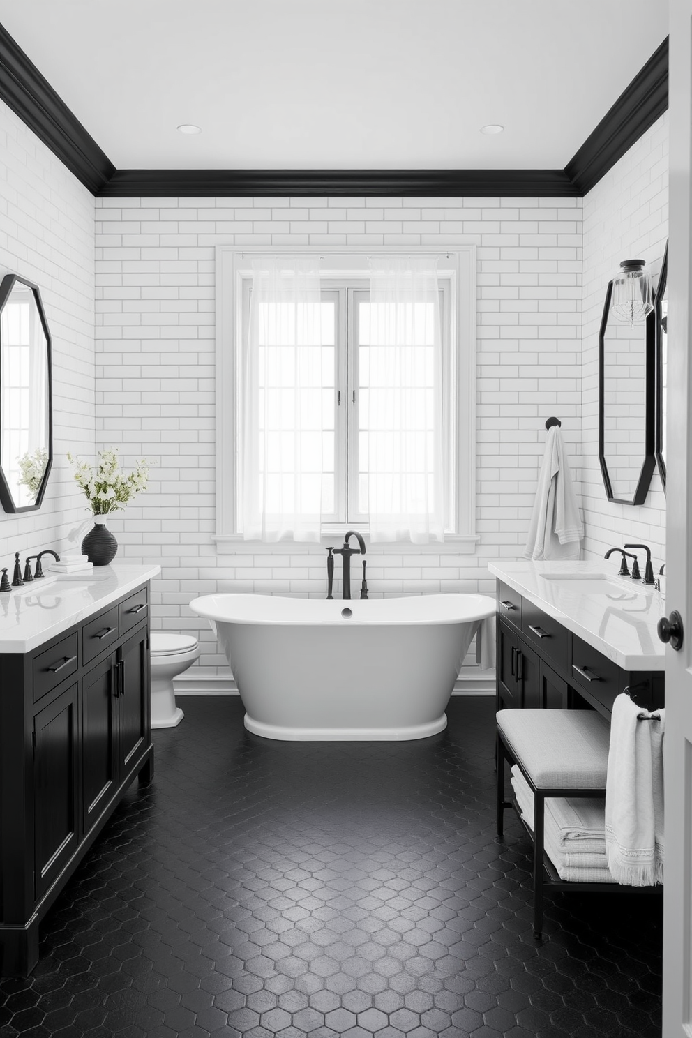 A full bathroom design featuring classic white subway tiles that extend from floor to ceiling, creating a timeless and clean aesthetic. The fixtures are polished chrome, including a sleek freestanding tub and a modern rainfall showerhead, enhancing the luxurious feel of the space. The vanity is a double sink design with a white marble countertop, complemented by elegant brushed nickel faucets. Soft, ambient lighting is provided by sconces on either side of a large rectangular mirror, adding warmth to the overall atmosphere.