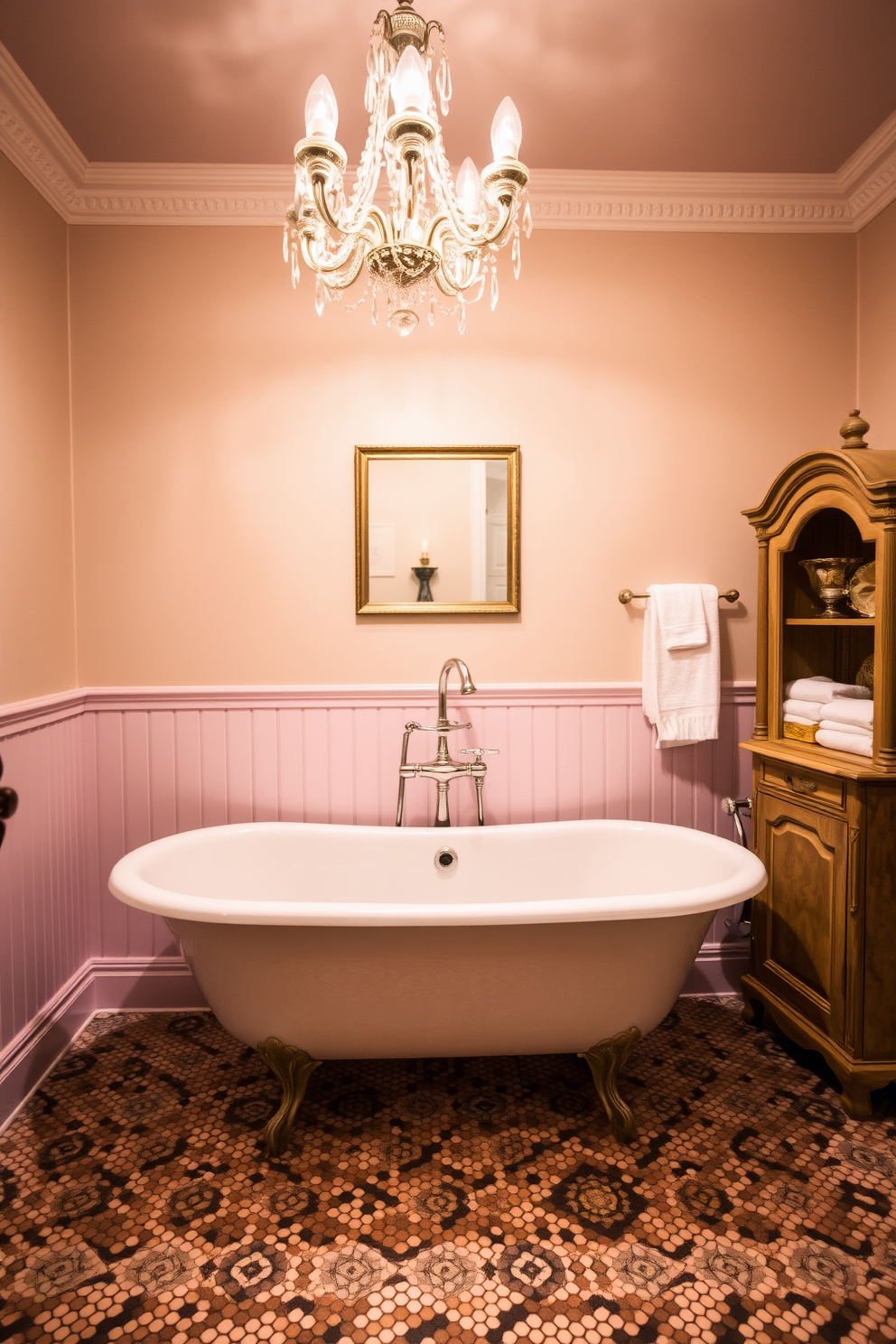 A vintage-inspired bathroom features a luxurious clawfoot tub positioned under a large window with sheer white curtains. The walls are adorned with intricate wallpaper in soft pastel tones, and a rustic wooden ladder leans against one wall, displaying neatly rolled towels. A vintage wooden vanity with an ornate mirror complements the overall aesthetic, while antique brass fixtures add a touch of elegance. The floor is covered with classic black and white hexagonal tiles, creating a timeless appeal throughout the space.