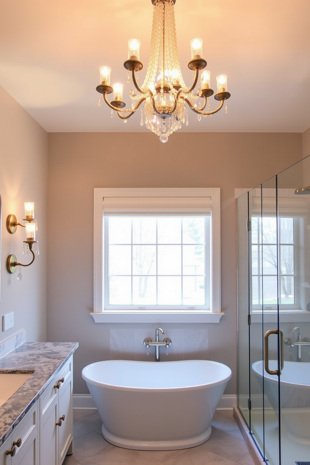 A full bathroom design featuring a monochromatic color scheme that emphasizes varying shades of gray. Textured finishes are incorporated through a slate tile floor and a smooth, glossy wall treatment. The centerpiece is a freestanding soaking tub with a matte black faucet and a sleek, modern design. A large walk-in shower is enclosed with frosted glass, showcasing a rainfall showerhead and minimalist fixtures. The vanity is a floating design in a matching gray tone, topped with a white quartz countertop. Above the vanity, a backlit mirror adds a touch of elegance and enhances the overall ambiance.