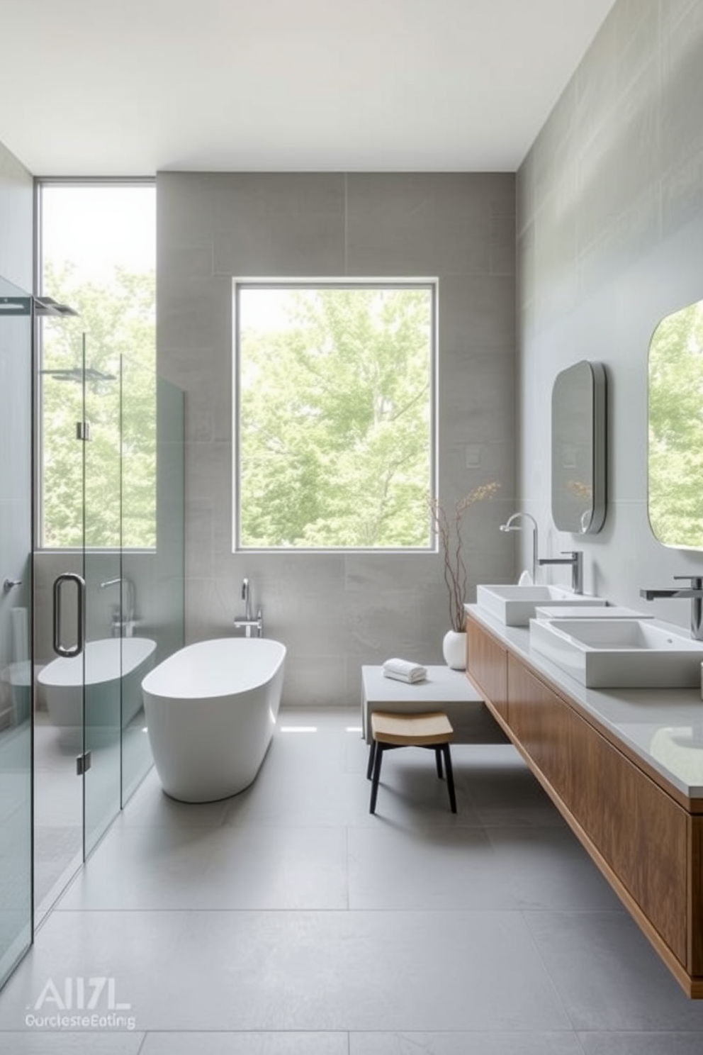 A luxurious full bathroom features high contrast with dark cabinetry that adds depth and sophistication to the space. The walls are adorned with sleek white tiles, creating a striking balance against the rich cabinetry. The freestanding bathtub is positioned elegantly beneath a large window, allowing natural light to flood the room. Accents of gold in the fixtures and accessories enhance the overall opulence of the design.