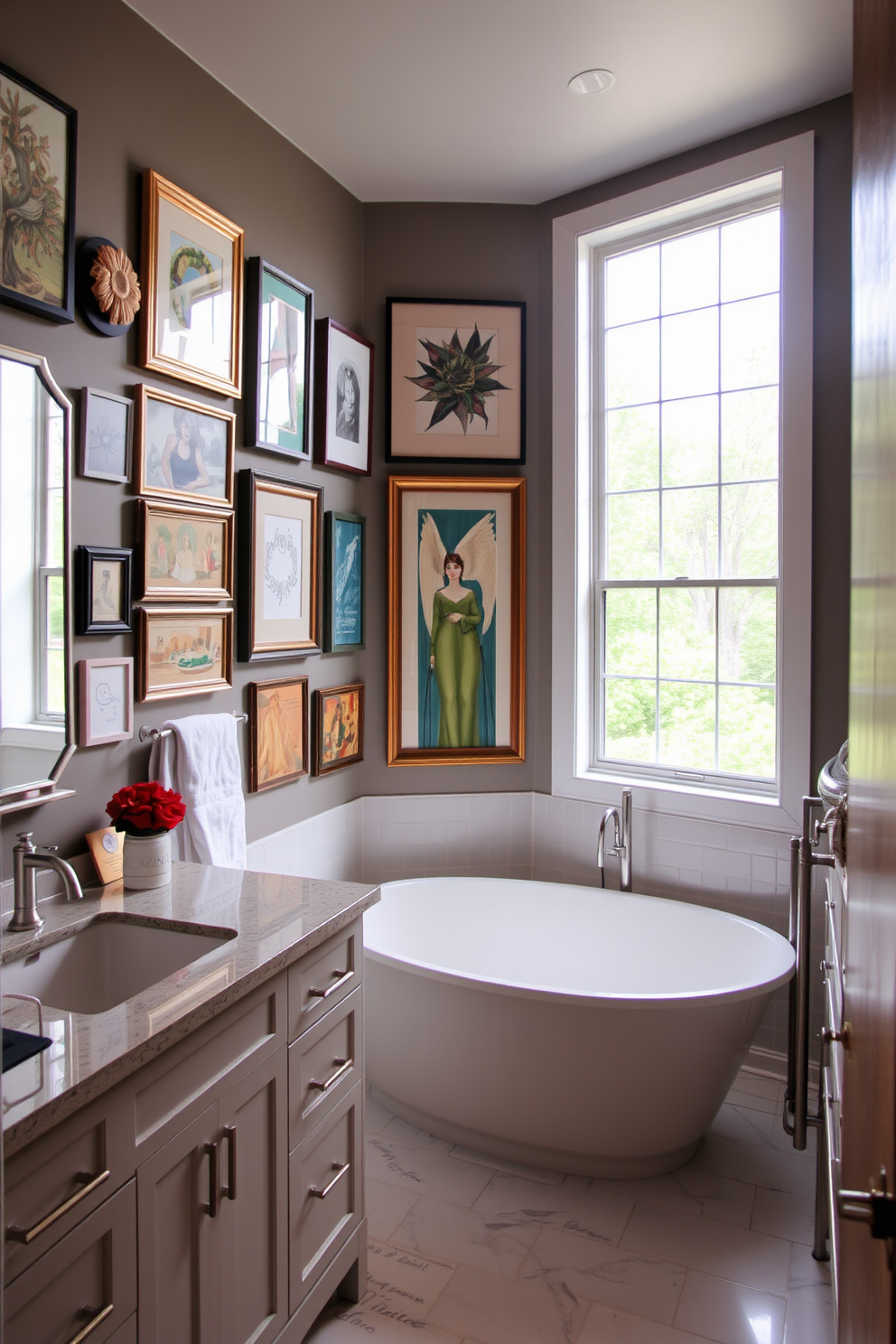 Bright wallpaper for a statement wall. The design features an intricate floral pattern in vibrant colors, creating a lively focal point in the room. The full bathroom includes a freestanding soaking tub positioned under a large window, allowing natural light to flood the space. Elegant fixtures in polished chrome complement the bright wallpaper, enhancing the overall aesthetic.