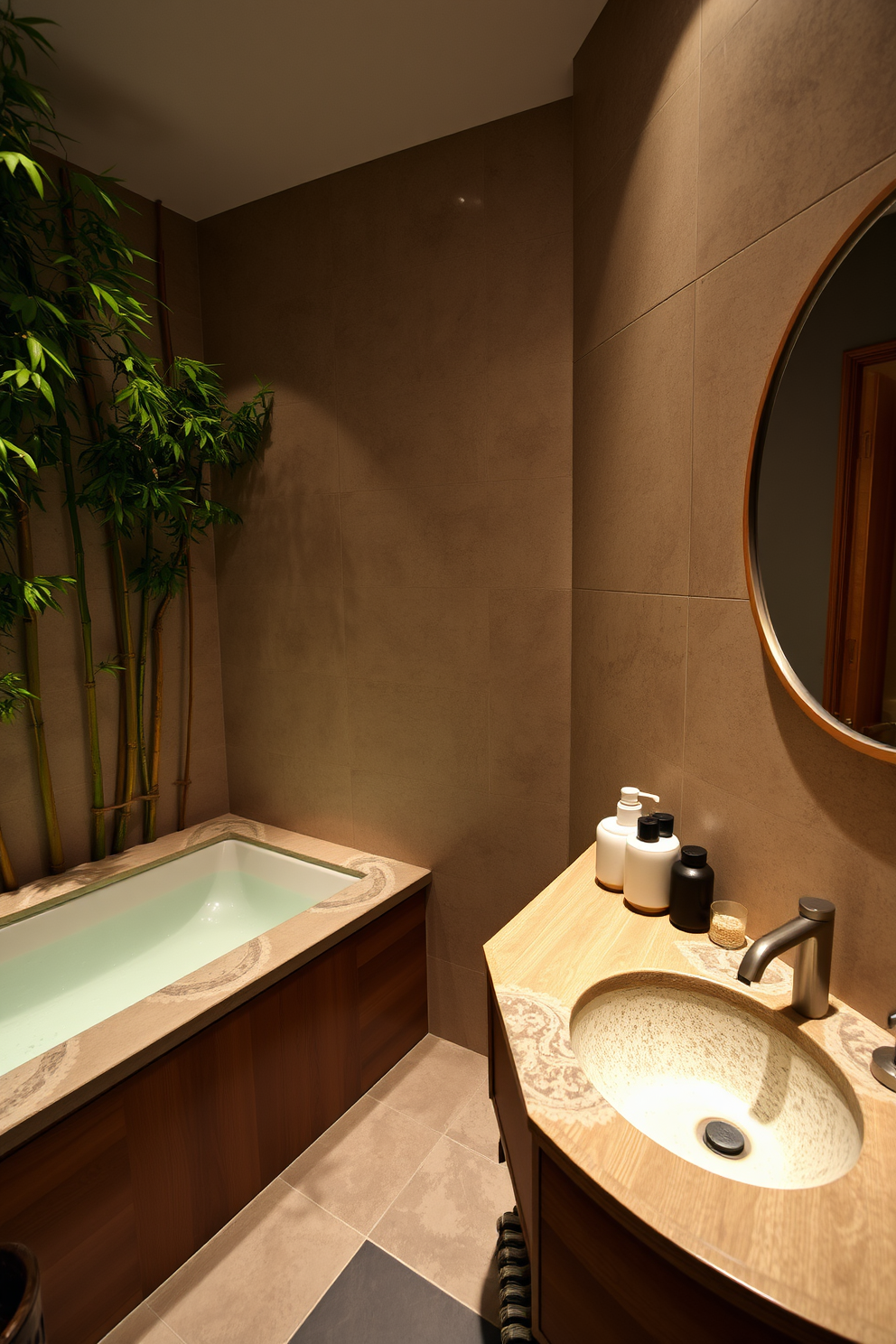 A stylish storage solution features open shelving made of reclaimed wood, showcasing neatly arranged decorative boxes and plants. Below the shelves, a sleek vanity with a modern sink complements the overall aesthetic, creating a functional yet chic space. The full bathroom design incorporates a freestanding soaking tub positioned near a large window, allowing natural light to flood the room. Elegant fixtures in matte black contrast beautifully with the soft white tiles, enhancing the contemporary feel of the space.