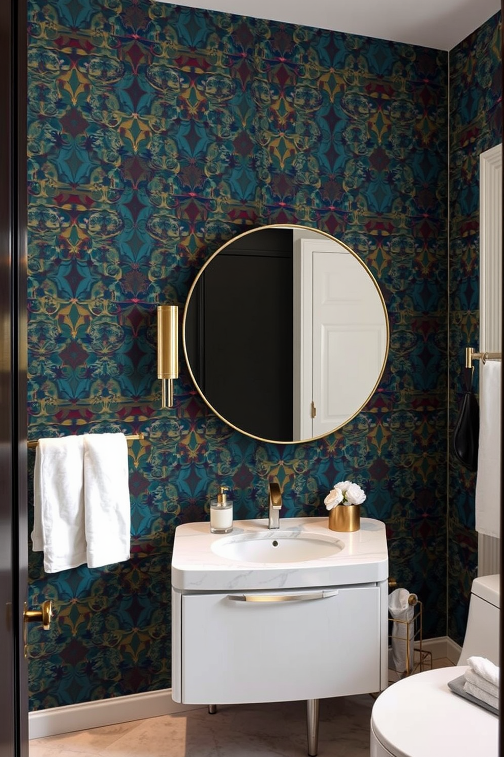 A vibrant full bathroom design featuring bold colors such as deep blue and bright yellow. The walls are adorned with geometric patterned tiles that create a striking visual impact. A freestanding bathtub in a glossy finish sits at the center, surrounded by colorful potted plants. The vanity is a modern piece with a sleek design, topped with a bright countertop that complements the overall color scheme.