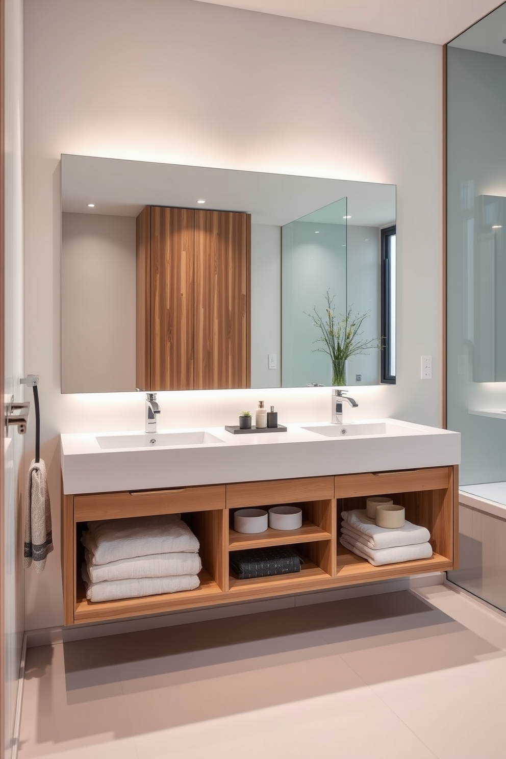 Open concept full bathroom featuring a sleek glass shower enclosure that seamlessly integrates with the overall design. The space is adorned with modern fixtures and a freestanding soaking tub positioned near a large window for natural light. The walls are clad in large format tiles with a calming neutral palette, while the floor showcases elegant herringbone patterns. A stylish double vanity with a polished stone countertop offers ample storage, complemented by contemporary pendant lighting overhead.