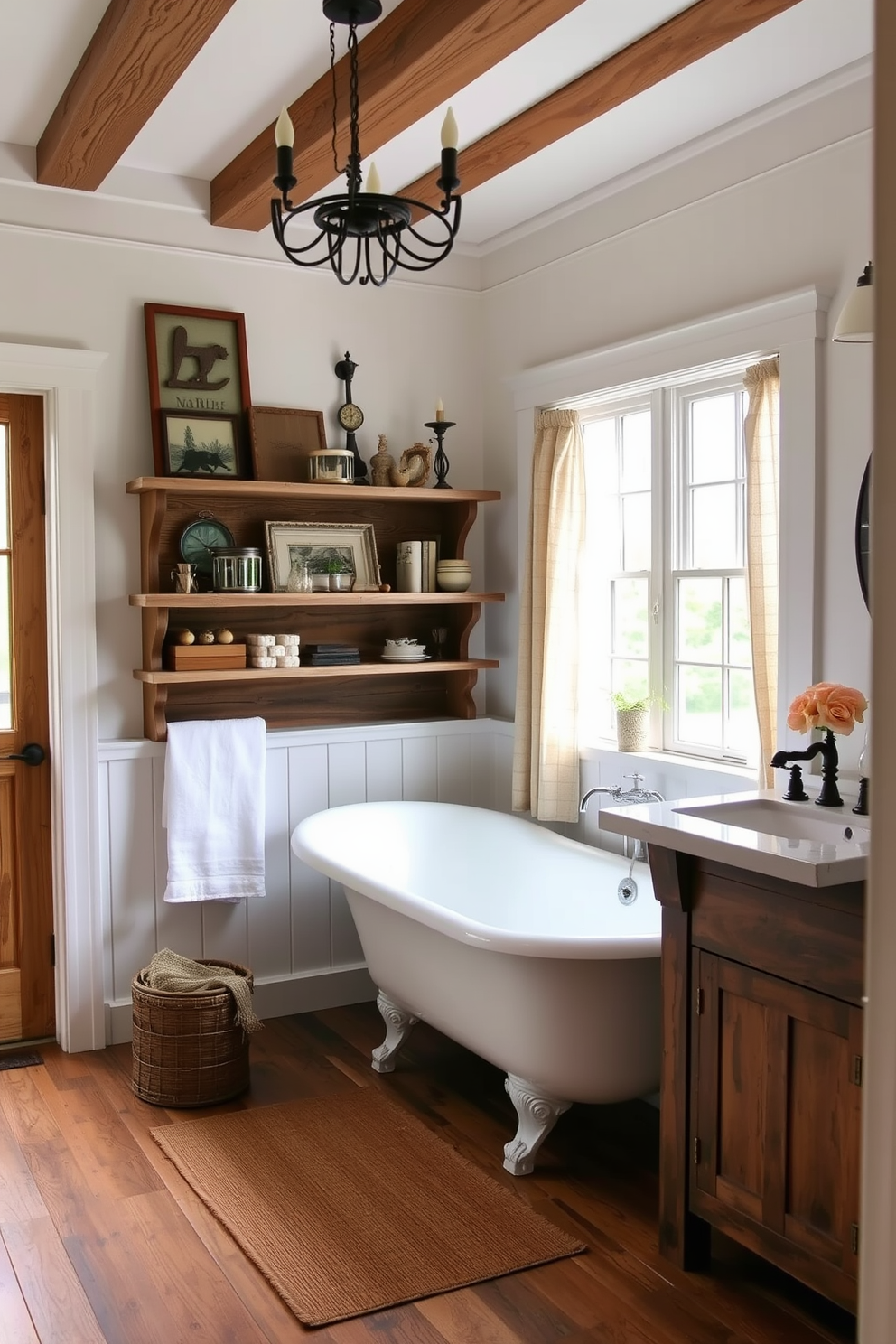 A rustic farmhouse full bathroom features shiplap walls painted in a soft white hue. The room includes a freestanding soaking tub with a vintage-style faucet and a wooden ladder for towels. A double vanity with distressed wood finishes and farmhouse-style mirrors complements the rustic aesthetic. The floor is adorned with large, textured tiles in earthy tones, and a woven basket adds warmth and charm.