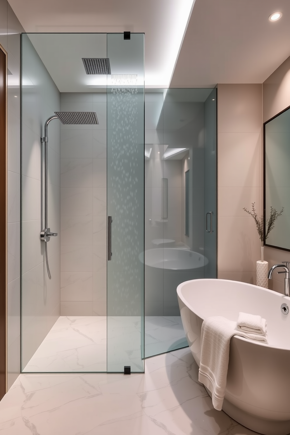 A contemporary full bathroom design featuring a striking black and white color scheme. The walls are adorned with sleek black tiles, while the floor showcases large white marble slabs, creating a bold contrast. A freestanding white soaking tub takes center stage, complemented by a modern black floor-mounted faucet. Above the tub, a large frameless mirror reflects the elegant lighting fixtures that hang from the ceiling.