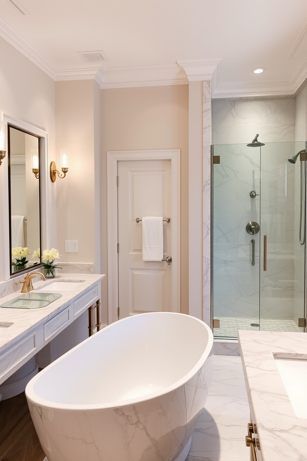 A luxurious full bathroom design featuring elegant marble accents and gold fixtures. The space includes a freestanding soaking tub surrounded by marble tiles, with a gold-finished floor-mounted faucet elegantly positioned beside it. The vanity showcases a stunning marble countertop with dual sinks, complemented by gold fixtures and stylish pendant lighting above. A spacious walk-in shower with glass doors and marble accents completes the sophisticated look, while plush towels in soft tones add a touch of warmth.