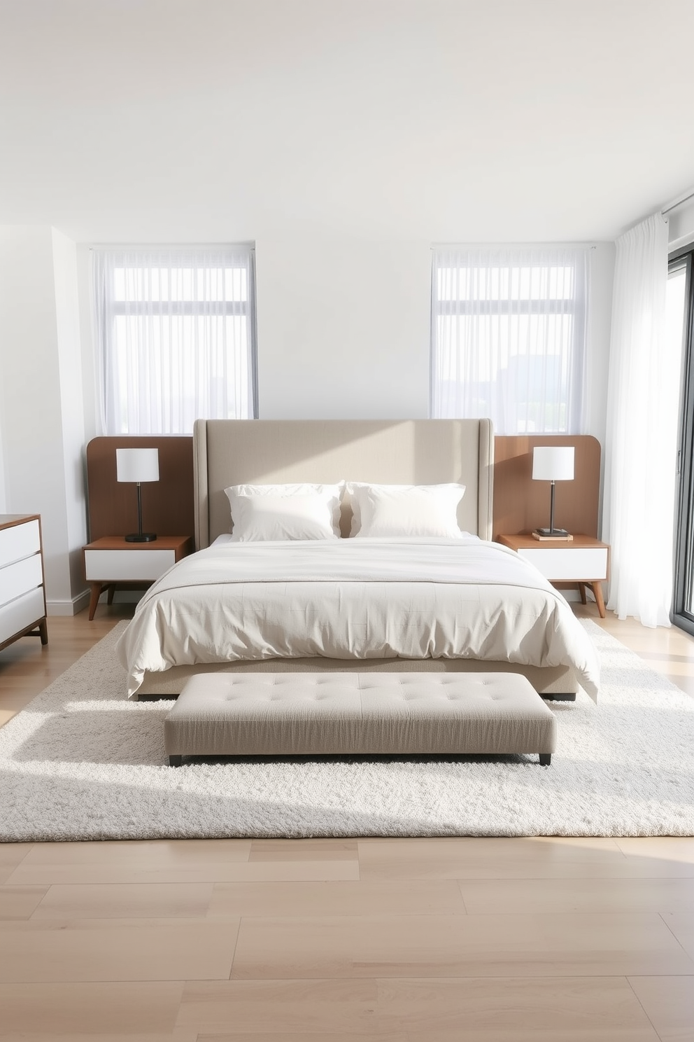 A modern minimalist bedroom featuring a king-sized bed with a simple upholstered headboard. The bedding is in soft neutral tones, complemented by a pair of sleek nightstands on either side of the bed. Natural light floods the room through large windows dressed with sheer white curtains. A minimalist dresser with clean lines sits against one wall, and a cozy area rug in a light gray hue anchors the space.