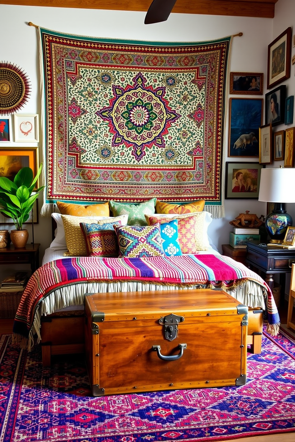 An eclectic full bedroom design featuring a blend of global decor elements. The room showcases a vibrant tapestry from Morocco as a focal point above the bed, complemented by a mix of patterned throw pillows from various cultures. The bed is adorned with a handwoven blanket from Peru, while a vintage Indian trunk serves as a unique bedside table. A colorful rug from Turkey anchors the space, and an assortment of art pieces from around the world adorn the walls, creating a warm and inviting atmosphere.