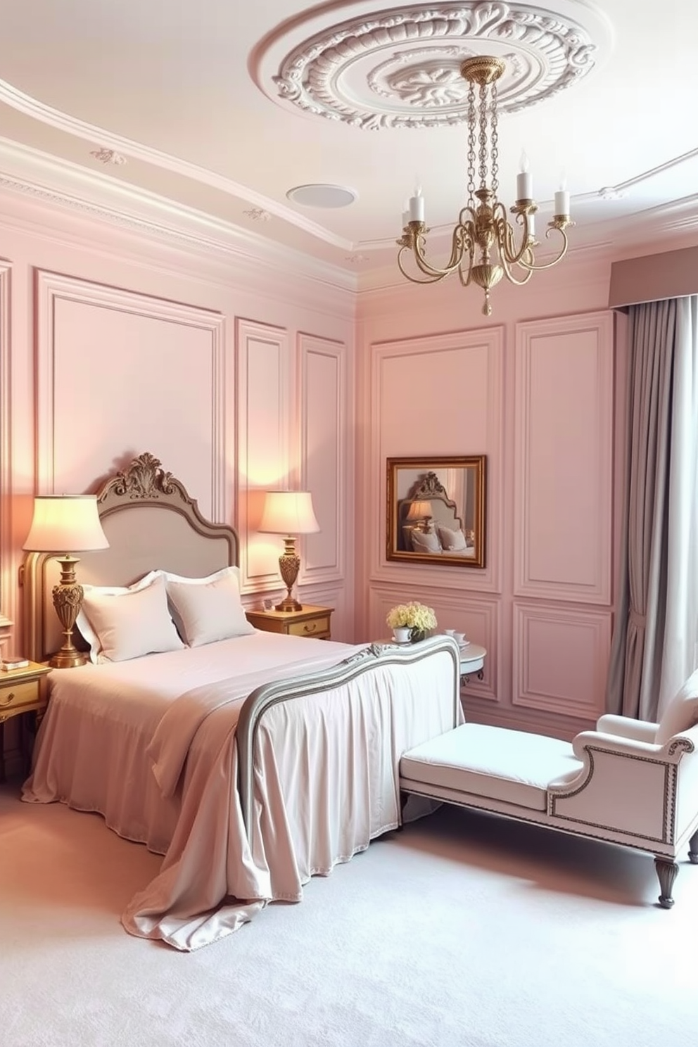 A romantic Parisian bedroom features soft pastel colors that create a serene and inviting atmosphere. The room is adorned with a plush bed draped in delicate linens, complemented by elegant bedside tables with vintage lamps. The walls are painted in a gentle blush hue, while intricate moldings add a touch of sophistication. A cozy seating area by the window includes a stylish chaise lounge and a small round table, perfect for enjoying a cup of tea.