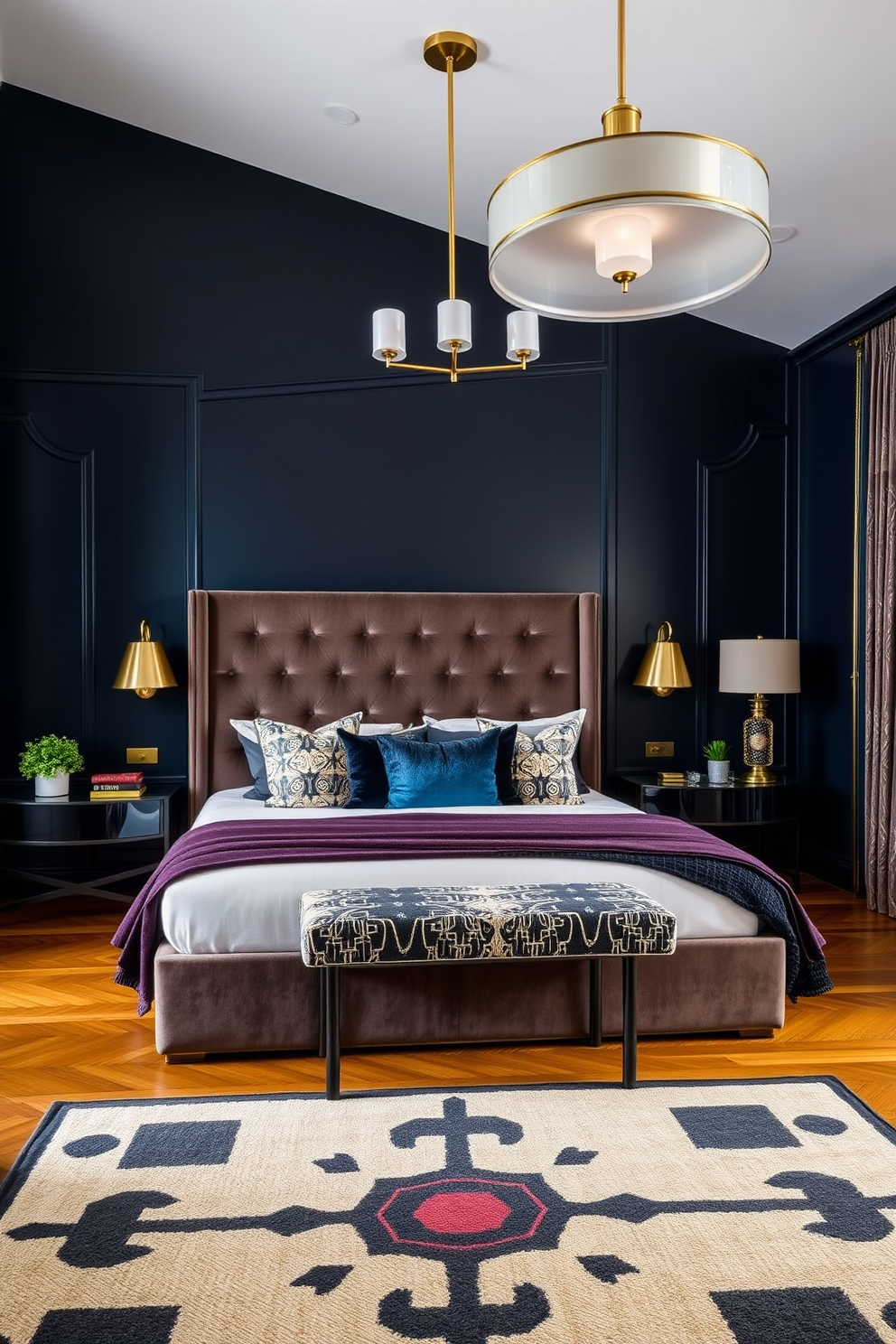 A luxurious bedroom featuring art deco elegance with geometric patterns. The bed is adorned with a plush velvet headboard and a mix of patterned throw pillows in rich jewel tones. The walls are painted in a deep navy blue, complemented by gold accents in the lighting fixtures. A stylish area rug with bold geometric designs covers the hardwood floor, enhancing the overall sophistication of the space.