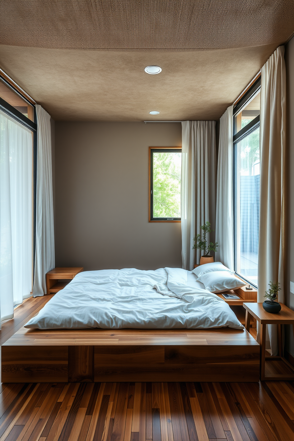 A contemporary bedroom design featuring a low-profile platform bed with crisp white bedding and geometric accent pillows. The walls are painted in a soft gray tone, complemented by a large abstract artwork above the bed and sleek nightstands on either side. Natural light floods the room through floor-to-ceiling windows, dressed with sheer white curtains that gently sway in the breeze. A modern area rug with subtle patterns anchors the space, while a minimalist dresser and a stylish armchair complete the inviting atmosphere.