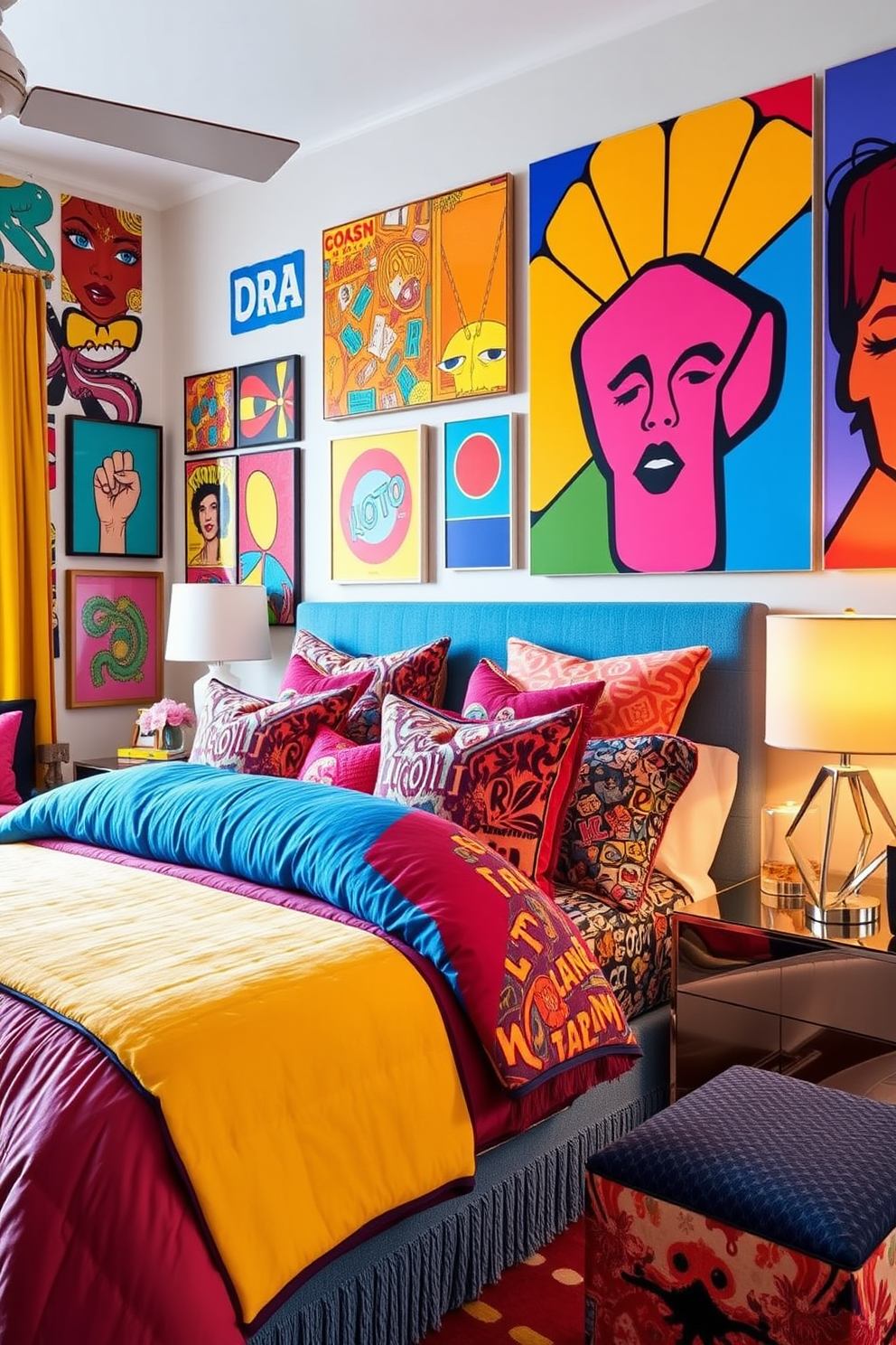 A vibrant bedroom filled with colorful pop art accents that energize the space. The walls are adorned with bold, graphic prints and bright, oversized artwork that create a playful atmosphere. A plush king-sized bed is dressed in a mix of vibrant patterns and textures, featuring a bright blue duvet and an array of colorful throw pillows. A stylish bedside table holds a unique lamp with a geometric design, complementing the lively decor.