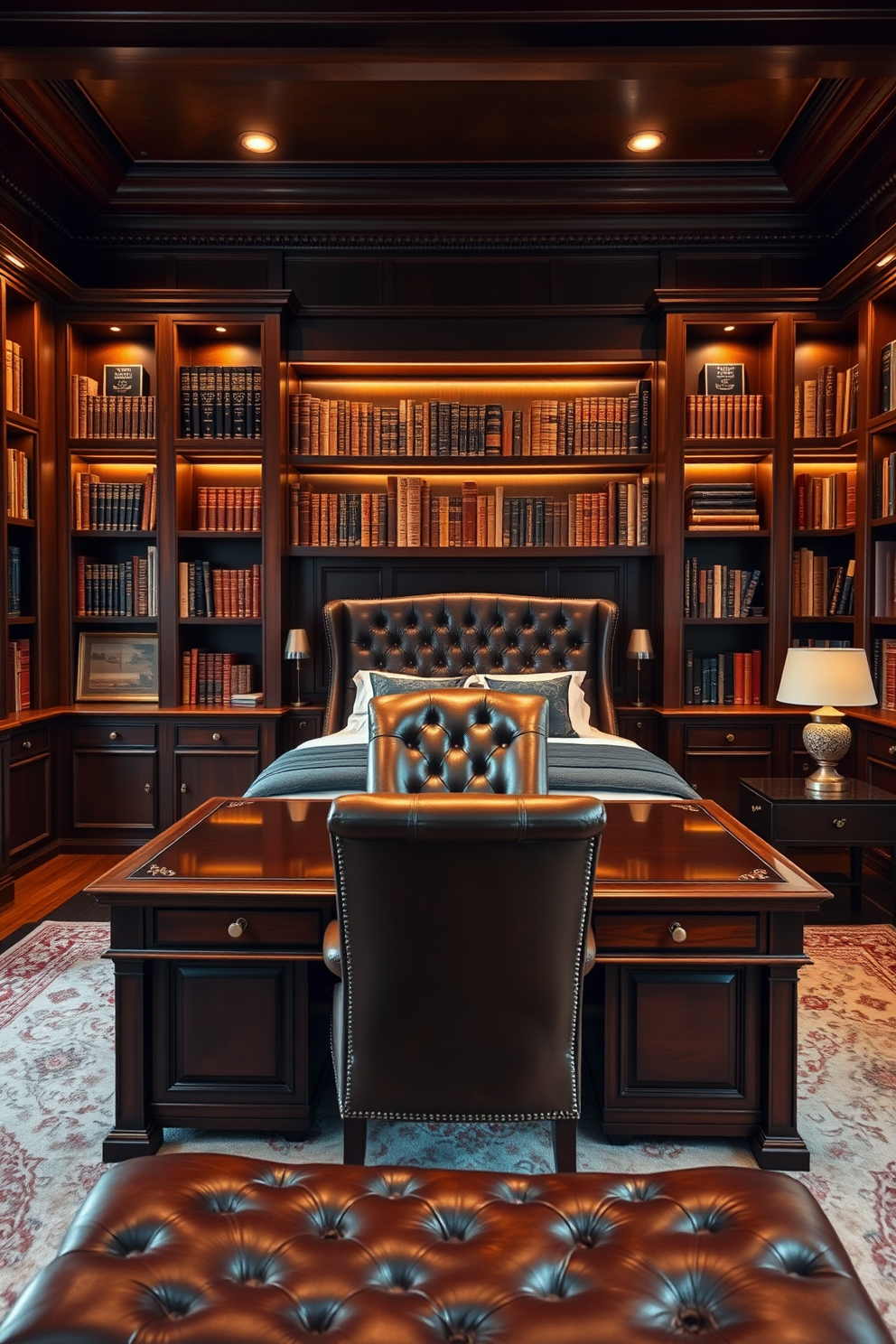 A masculine study featuring dark wood paneling and rich leather furnishings. A large mahogany desk sits in the center, complemented by a high-backed leather chair and built-in bookshelves filled with classic literature. A full bedroom design that exudes elegance and comfort. The room includes a king-sized bed with a tufted headboard, flanked by sleek nightstands and soft ambient lighting.