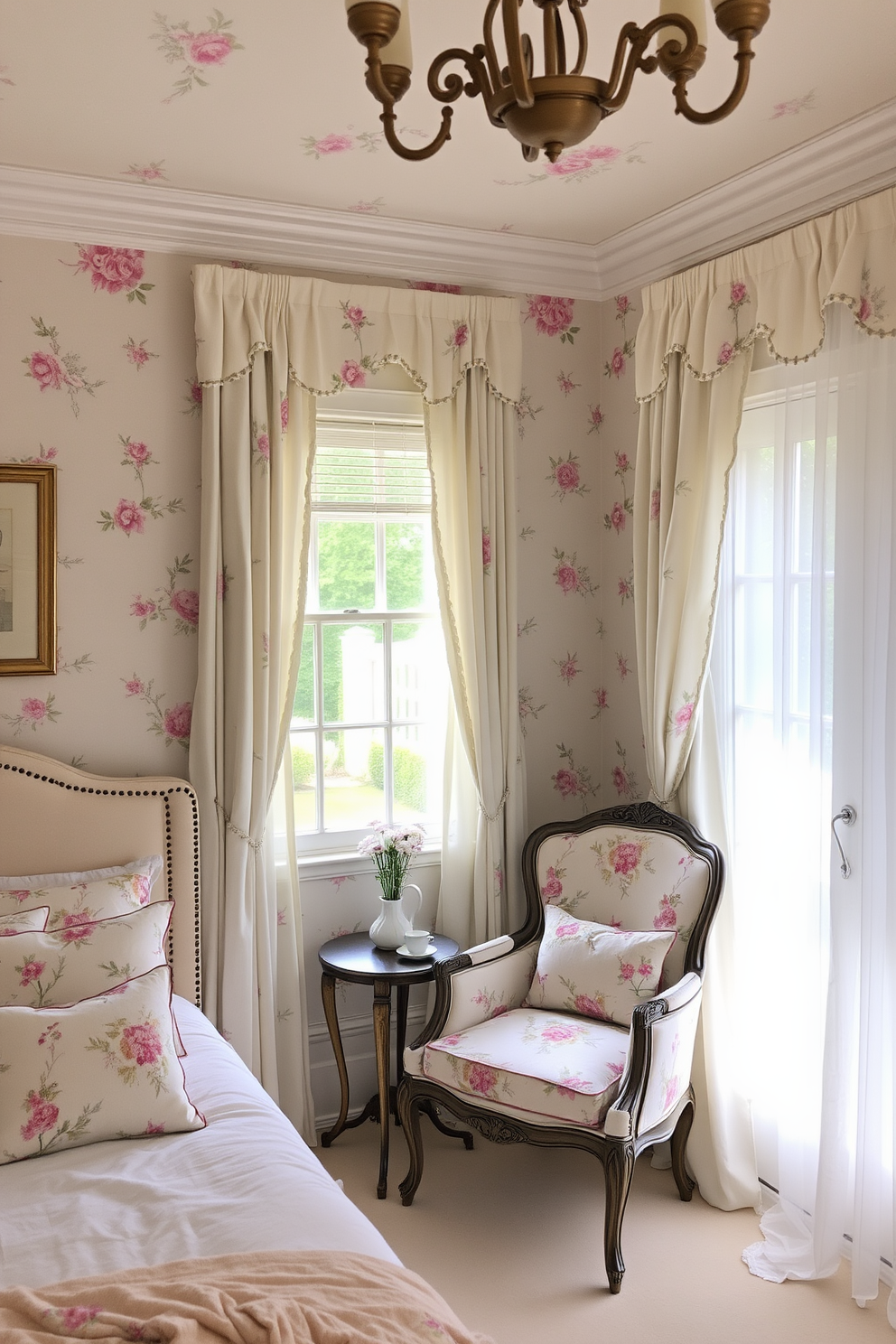 A feminine retreat adorned with delicate floral prints. The room features a plush upholstered bed with a soft pastel color palette and an array of decorative pillows in various floral patterns. Light, airy curtains frame the windows, allowing natural light to fill the space. A cozy reading nook is created with a vintage armchair and a small side table, perfect for enjoying a cup of tea.