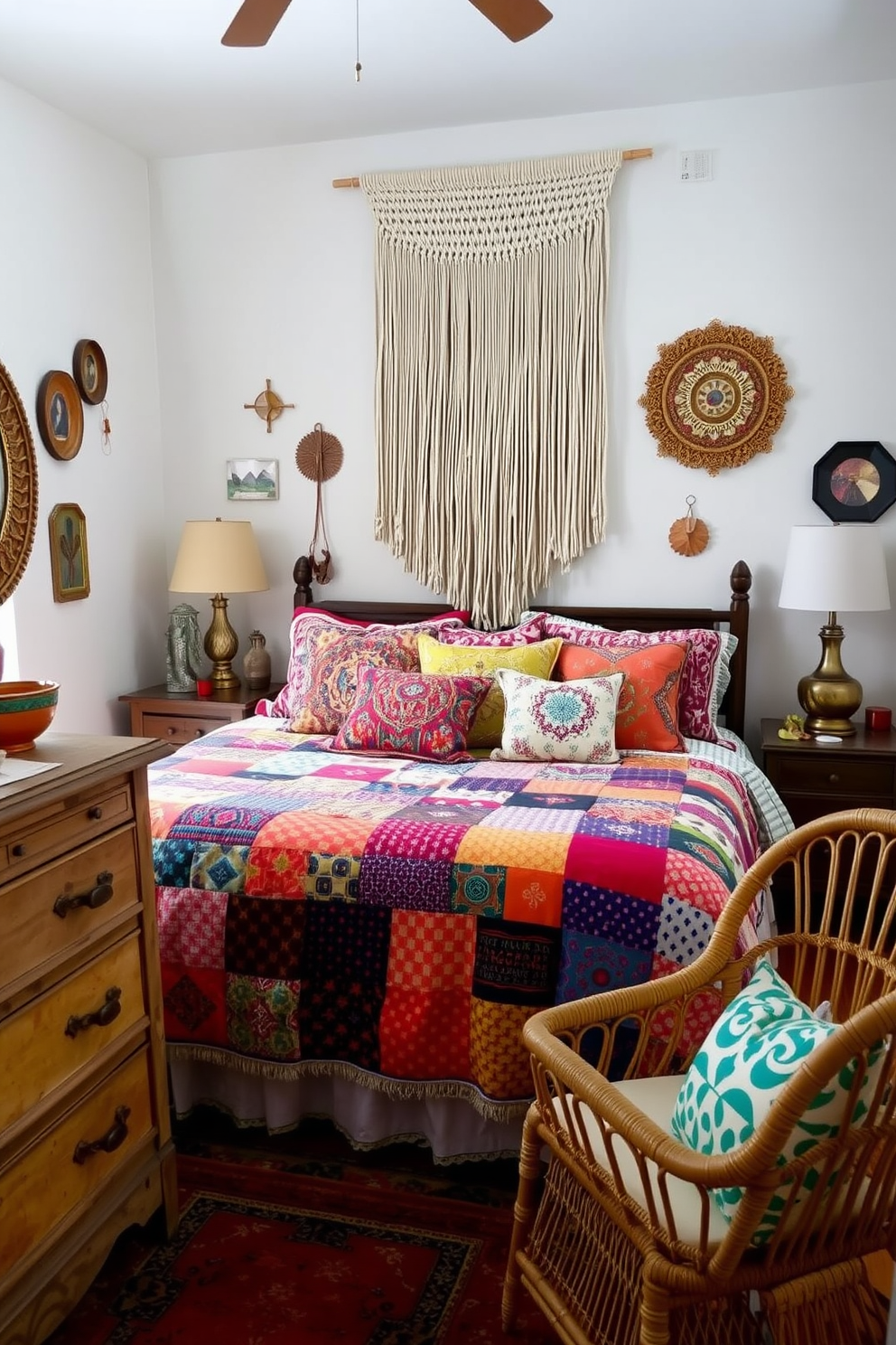 A bohemian chic bedroom filled with vibrant textiles and eclectic decor. The bed is adorned with a colorful patchwork quilt and an array of patterned throw pillows, creating a cozy and inviting atmosphere. A large macrame wall hanging serves as a stunning focal point above the bed. The room features a mix of vintage furniture pieces, including a distressed wooden dresser and a rattan chair in the corner, bringing warmth and character to the space.