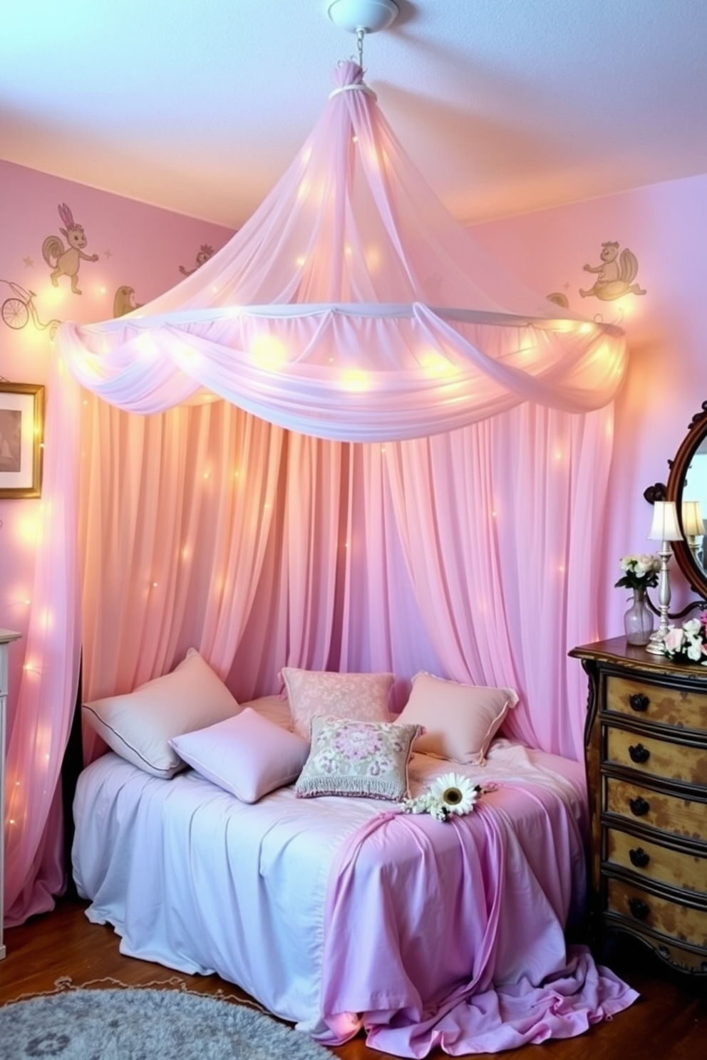 A whimsical fairy tale bedroom setting features a canopied bed draped with sheer, flowing fabrics in pastel colors. Surrounding the bed are twinkling fairy lights and plush cushions, creating a cozy and enchanting atmosphere. The walls are painted in soft lavender, adorned with whimsical wall art depicting magical creatures. A vintage wooden dresser sits against one wall, topped with a delicate floral arrangement and a vintage mirror reflecting the dreamy ambiance.