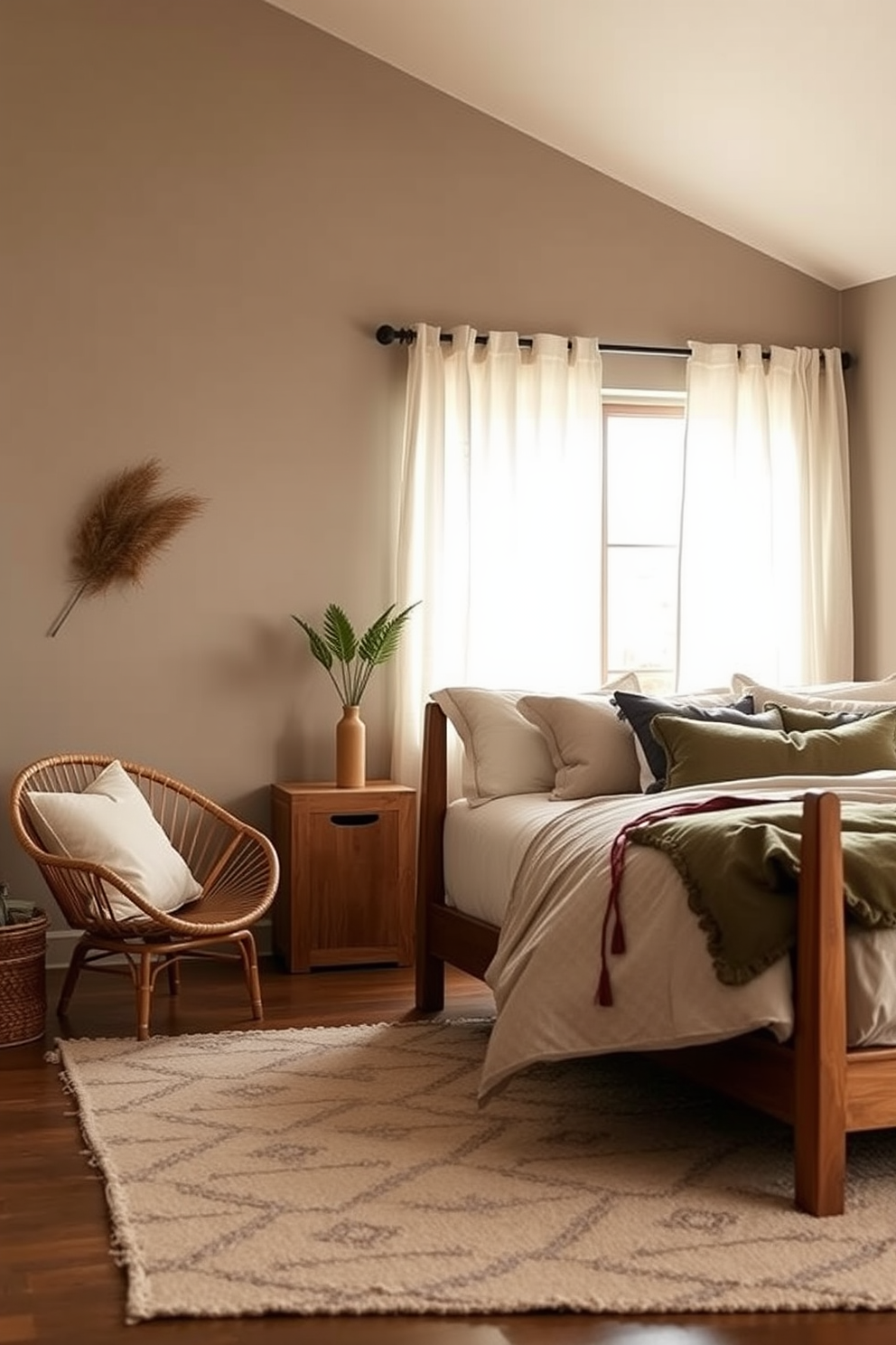 A serene full bedroom design inspired by nature. The walls are painted in a soft taupe, and the bedding features organic textures in shades of green and brown. A large wooden bed frame dominates the room, adorned with plush pillows in varying earth tones. Natural light filters through sheer linen curtains, illuminating a cozy reading nook with a rattan chair and a small potted plant.