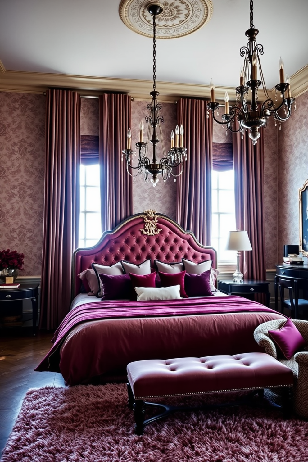 A full bedroom design featuring classic elegance with rich fabrics and colors. The bed is dressed in a luxurious velvet headboard with an intricate design, complemented by an array of plush pillows in deep jewel tones. The walls are adorned with elegant wallpaper showcasing a subtle damask pattern, while heavy drapes frame the tall windows, cascading to the floor. A vintage chandelier hangs from the ceiling, casting a warm glow over the room's refined furnishings and plush area rug.