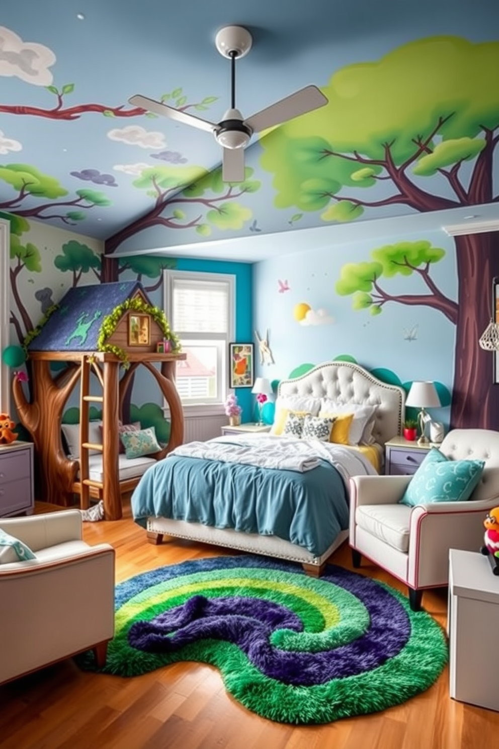 A playful kids room filled with vibrant colors and whimsical decor. The walls are adorned with a mural of a magical forest, and the furniture includes a treehouse bed and a colorful rug shaped like a rainbow. Full bedroom design ideas featuring a serene color palette and elegant furnishings. The room includes a plush king-sized bed with a tufted headboard, soft bedding in shades of blue and white, and a stylish armchair in the corner for reading.