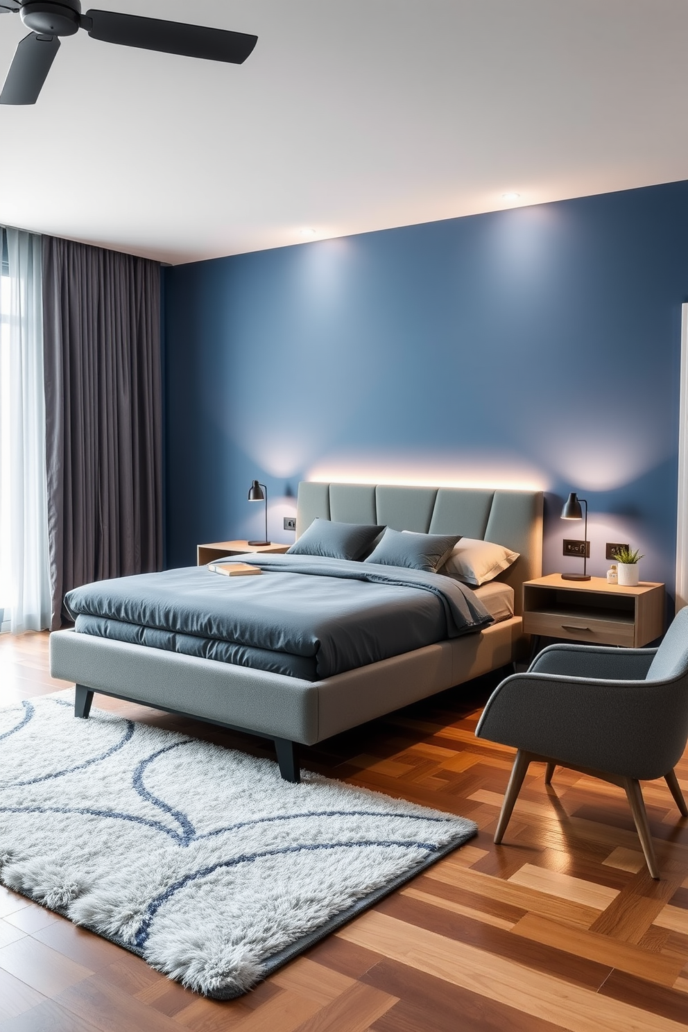 A modern bedroom designed with smart technology seamlessly integrated into the space. The bed features a sleek frame with adjustable settings for comfort and is accompanied by bedside tables that include wireless charging stations. The walls are painted in a calming blue hue, complemented by soft ambient lighting that can be controlled via a smart home app. A plush area rug adds warmth to the hardwood floor, while a stylish armchair in the corner provides a cozy reading nook.