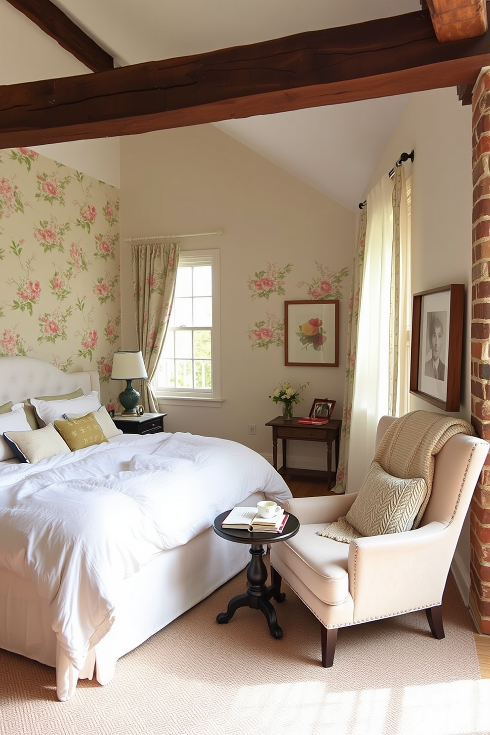 A cozy bedroom retreat with cottage charm. The walls are painted in soft pastel hues and adorned with vintage floral wallpaper. A plush, oversized bed with a tufted headboard is centered against the wall. Fluffy white bedding and an assortment of patterned throw pillows create an inviting atmosphere. In one corner, a reading nook features a comfortable armchair draped with a knitted blanket. A small side table holds a stack of books and a steaming cup of tea. Natural light filters through sheer curtains, illuminating the space. Rustic wooden beams and exposed brick add character and warmth to the room.