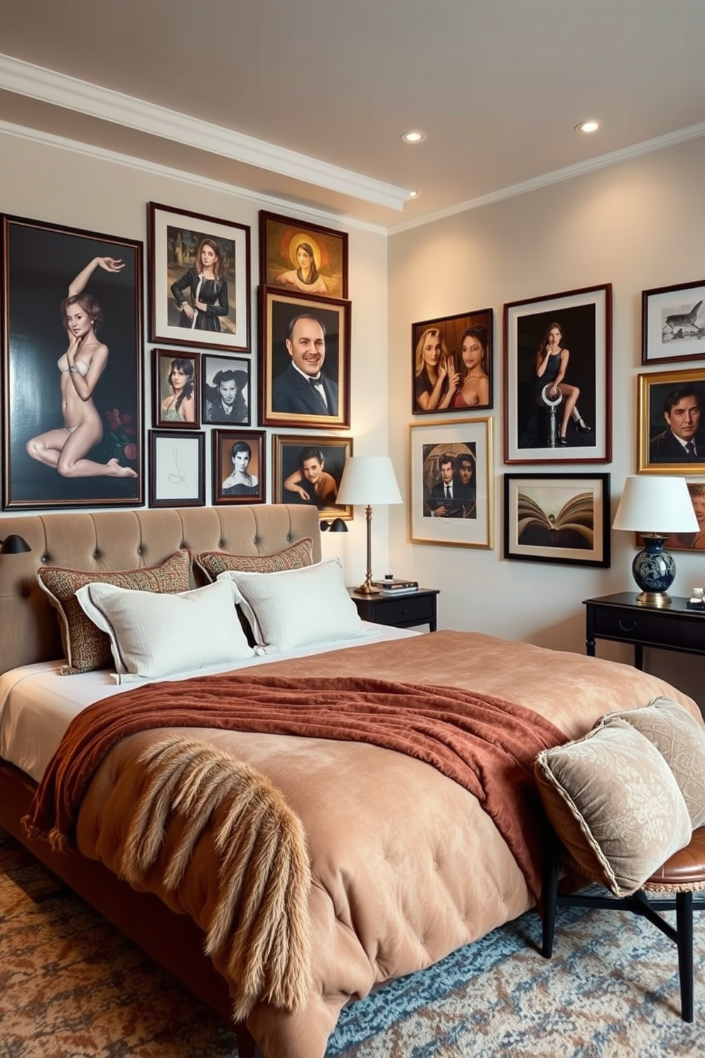 A modern bedroom featuring smart home technology seamlessly integrated into the design. The bed is a king-size with a sleek upholstered headboard and built-in ambient lighting, complemented by touch-sensitive bedside tables. The walls are adorned with high-tech art displays that change with the mood settings of the room. A smart thermostat is discreetly placed, and automated blackout curtains frame the large windows overlooking a city skyline.