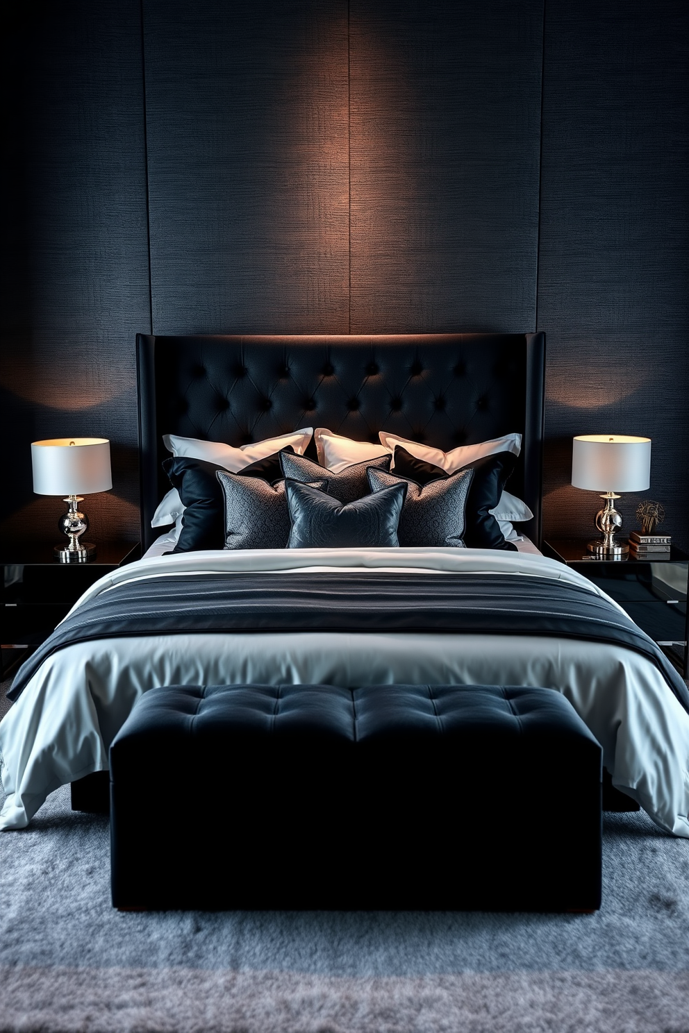 A sophisticated monochromatic bedroom design featuring deep shades of gray and black. The bed is dressed in luxurious linens with a plush velvet headboard and an array of textured pillows. On either side of the bed, there are sleek nightstands with elegant lamps that emit a warm glow. The walls are adorned with a rich fabric wallpaper, and a soft area rug lays beneath the bed, adding depth and warmth to the space.