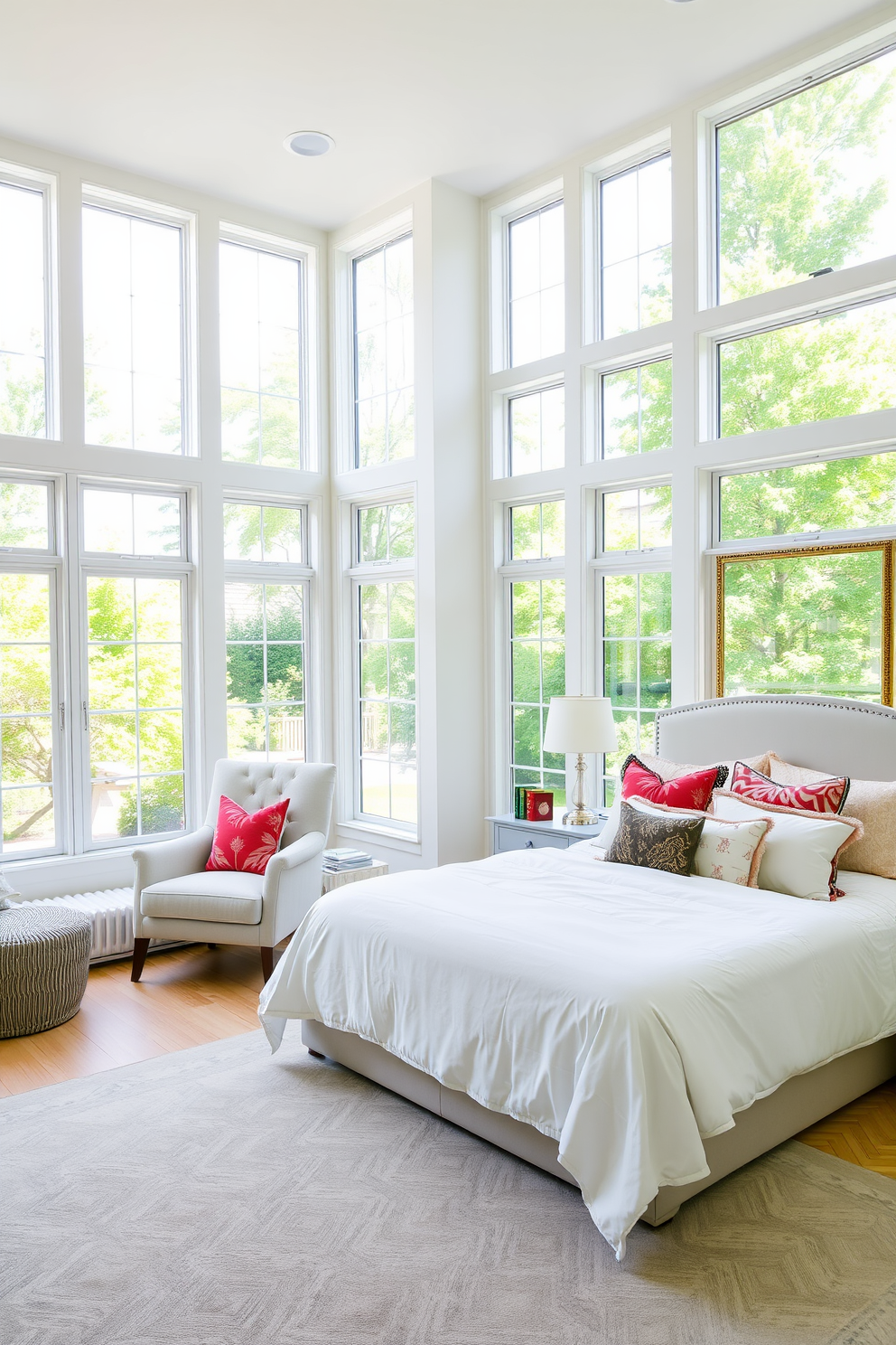 A bright and airy bedroom filled with natural light from large windows that extend from floor to ceiling. The room features a plush king-sized bed dressed in soft white linens and an assortment of colorful throw pillows. A cozy seating area with a stylish armchair and a small side table is positioned near the window. The walls are painted in a soft pastel hue, complemented by a light wood floor and a large area rug that adds warmth to the space.