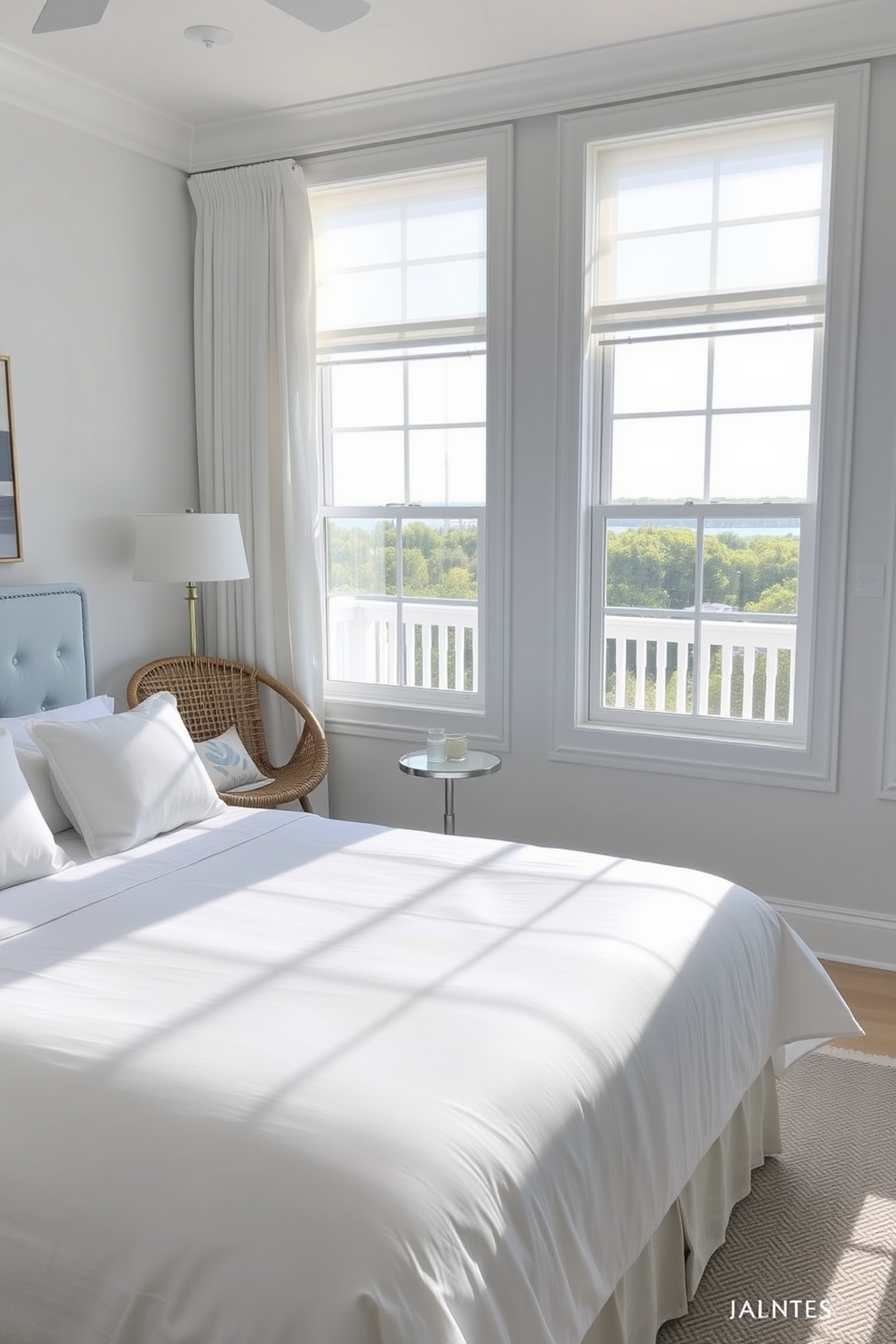 A serene coastal retreat featuring soft blues and whites. The room includes a king-sized bed with a light blue upholstered headboard and crisp white linens, complemented by matching throw pillows. Natural light floods the space through large windows adorned with sheer white curtains. A cozy seating area with a rattan chair and a small side table is situated near the window, creating a perfect reading nook.