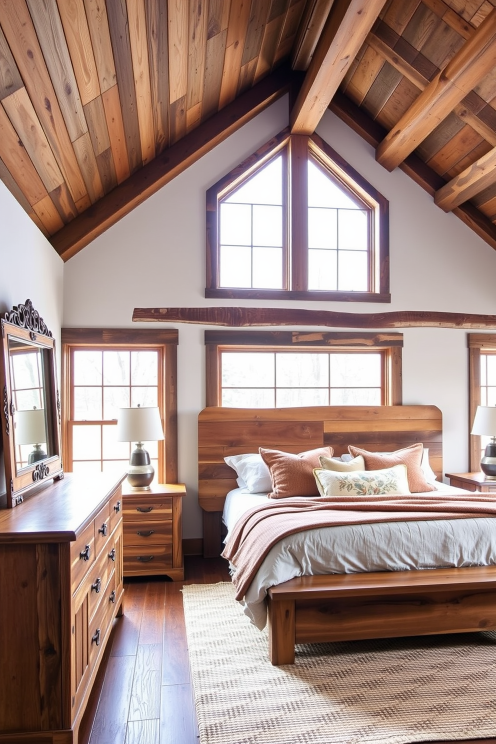 A stylish industrial chic bedroom featuring exposed brick walls and large metal windows that allow natural light to flood the space. The room includes a king-sized bed with a black metal frame, complemented by soft gray bedding and a mix of decorative pillows. In one corner, a vintage leather armchair adds warmth and character, while a reclaimed wood nightstand holds a sleek metal lamp. The floor is adorned with a plush area rug, and industrial-style pendant lights hang from the ceiling, creating an inviting ambiance.