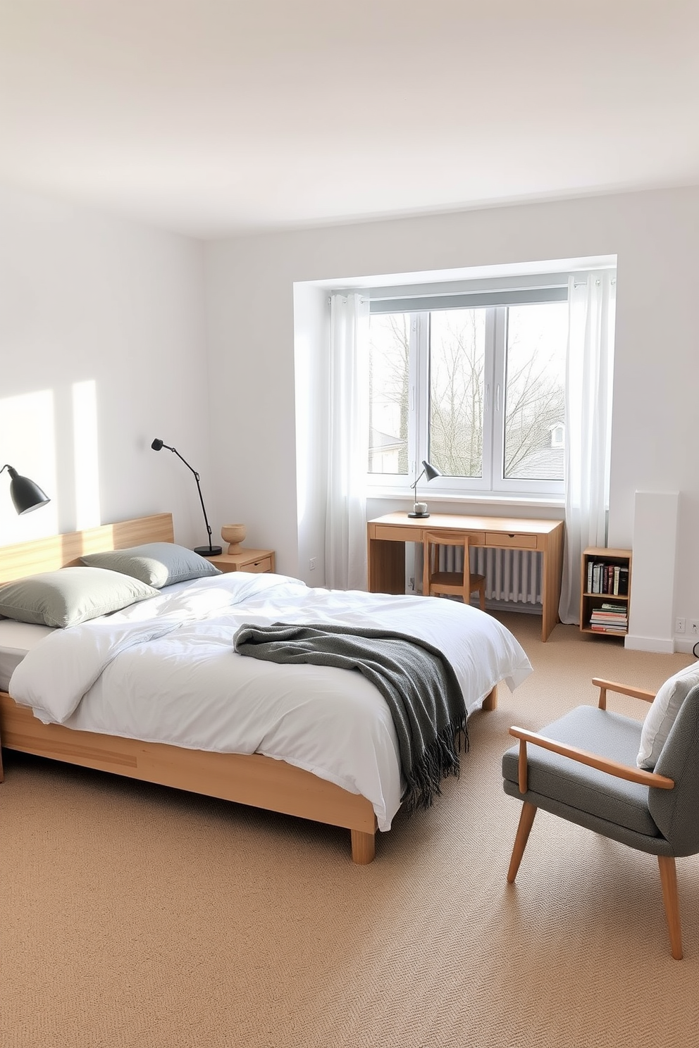 A serene full bedroom design that embodies Scandinavian simplicity. The room features a light wood bed frame with a plush white duvet and soft gray pillows, complemented by minimalist nightstands on either side. Functional furniture includes a sleek desk made of natural wood positioned near a window, providing ample light for work. A cozy reading nook is created with a comfortable armchair and a small bookshelf, adding warmth and practicality to the space.