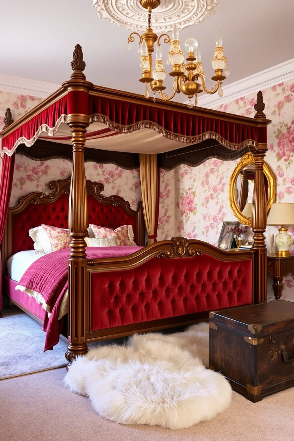 A vintage glam bedroom features a lavish four-poster bed draped in rich velvet fabric with intricate carvings. Ornate decor pieces such as a gilded mirror and an antique chandelier add elegance to the space. The walls are adorned with floral wallpaper in soft pastel tones, creating a romantic atmosphere. A plush area rug lies beneath the bed, while a vintage trunk serves as a stylish bedside table.