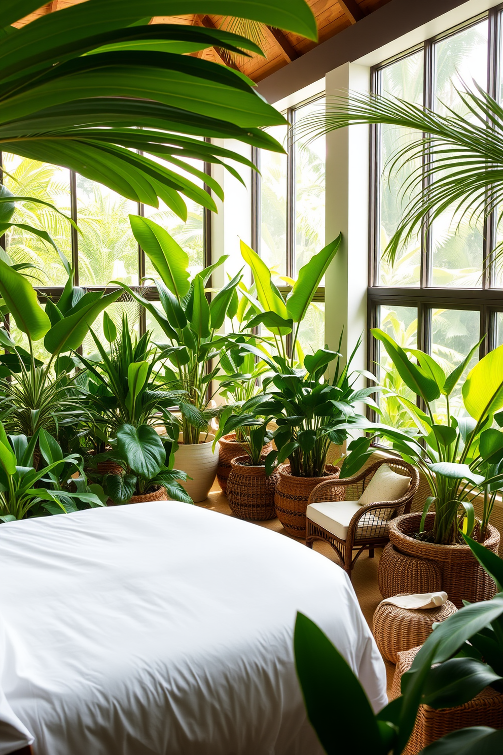 A tropical paradise setting filled with lush greenery. The room features a king-size bed draped in white linens, surrounded by vibrant potted plants and large palm leaves. Natural light floods the space through large windows, creating a serene atmosphere. A cozy seating area with rattan furniture complements the overall tropical vibe.