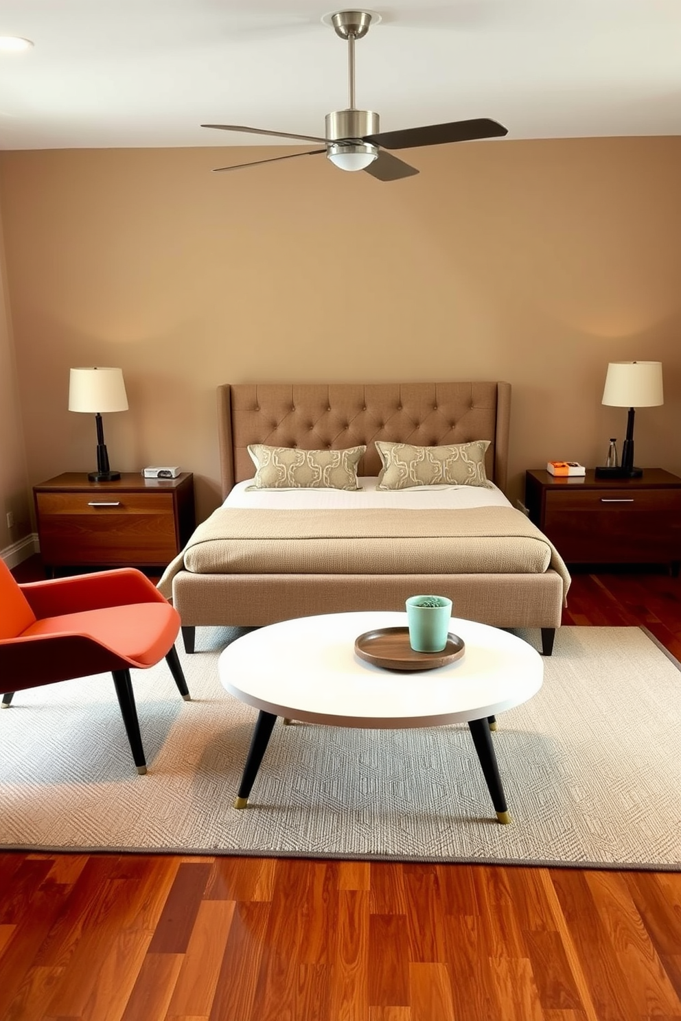 A cozy full bedroom with mid-century modern style. The room features a large upholstered bed with a tufted headboard, flanked by sleek wooden nightstands. Retro furnishings include a vintage armchair in a bold color and a circular coffee table with tapered legs. The walls are painted in a warm beige, and a geometric area rug adds texture to the hardwood floor.