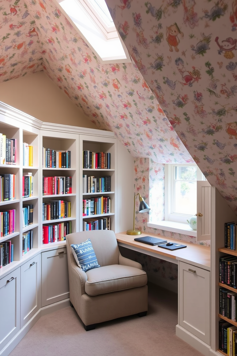 Cozy reading nook with built-in shelves. A plush armchair is nestled in the corner, surrounded by floor-to-ceiling bookshelves filled with an array of colorful books. Fun Attic Room Design Ideas. The space features sloped ceilings adorned with playful wallpaper, and a small desk area is set up under a skylight, creating a bright and inviting workspace.