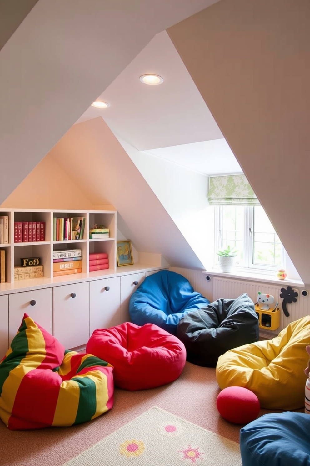 A vintage-inspired attic filled with retro decor. The walls are adorned with patterned wallpaper in soft pastel colors, and a cozy seating area features a mid-century modern sofa with colorful throw pillows. A vintage record player sits on a wooden side table next to a collection of vinyl records. The floor is covered with a plush area rug, and string lights hang from the sloped ceiling, creating a warm and inviting atmosphere.