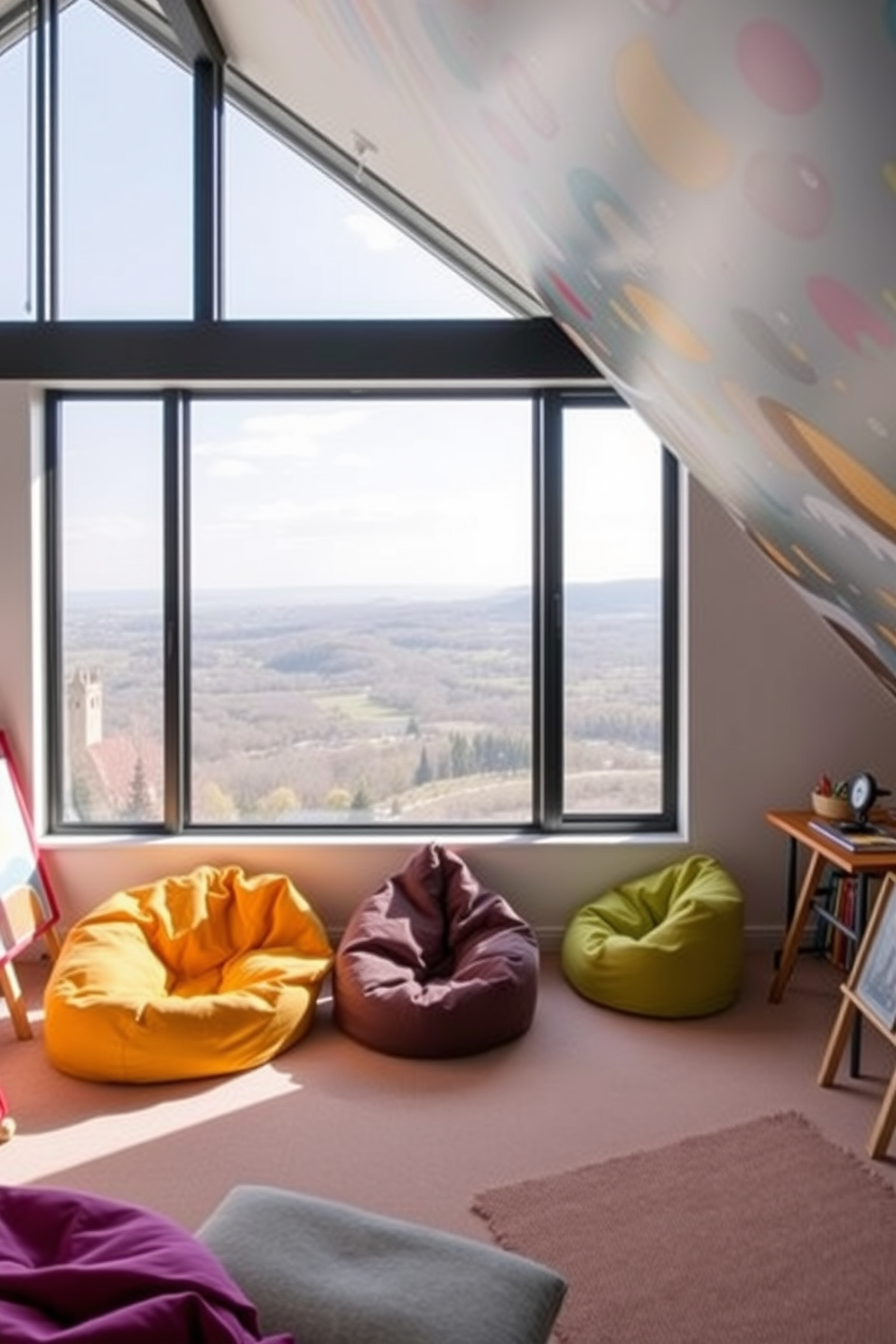 Art studio with inspiring views. Large windows allow natural light to flood the space, offering a panoramic view of the surrounding landscape. Fun Attic Room Design Ideas. The room features cozy nooks with colorful bean bags and a playful mural on the slanted ceiling.