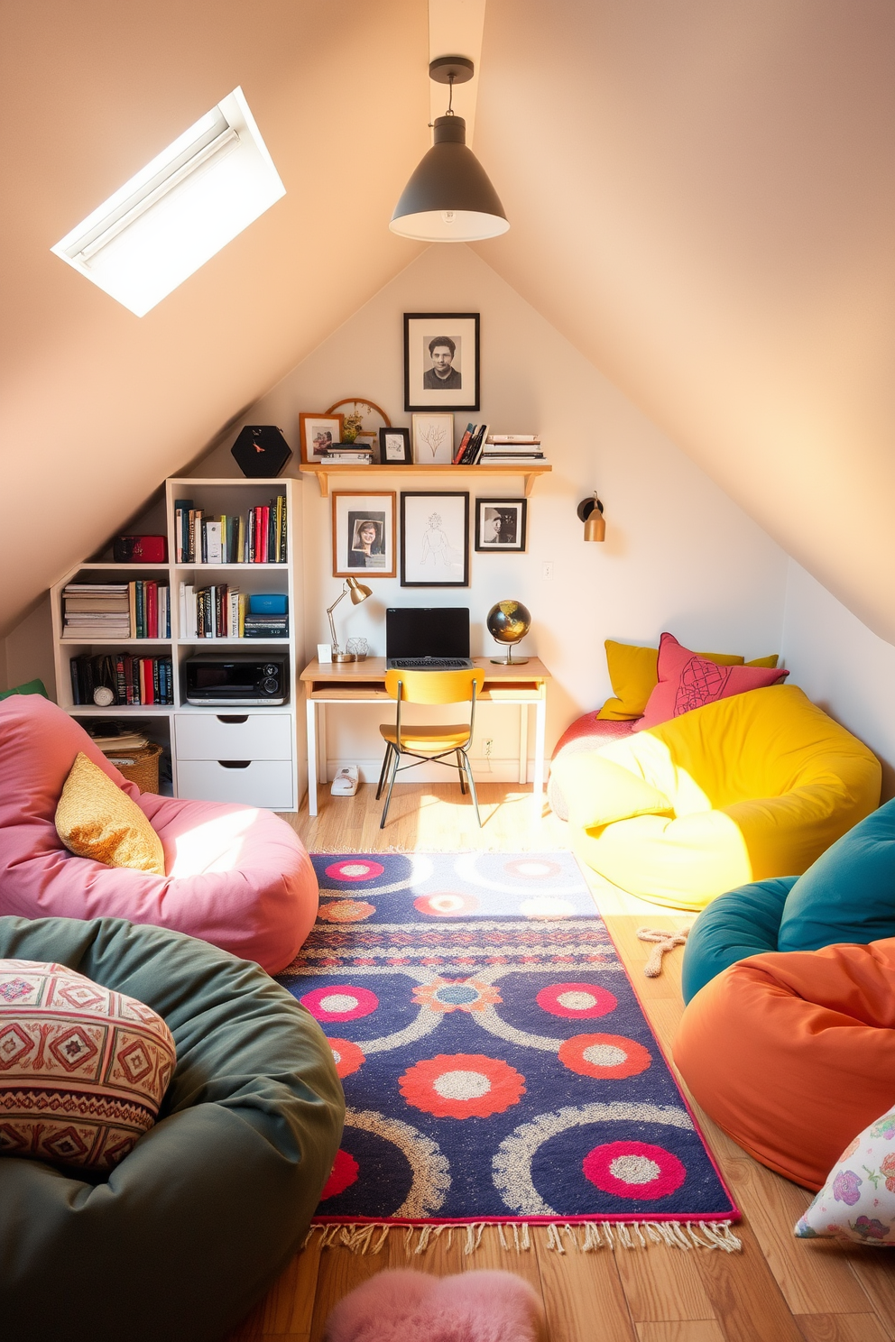 A mini office space with cozy vibes. The room features a small wooden desk with a comfortable chair, surrounded by shelves filled with books and personal mementos. Fun attic room design ideas. The space is filled with colorful bean bags, a playful rug, and a cozy nook with pillows, creating an inviting atmosphere for relaxation and creativity.