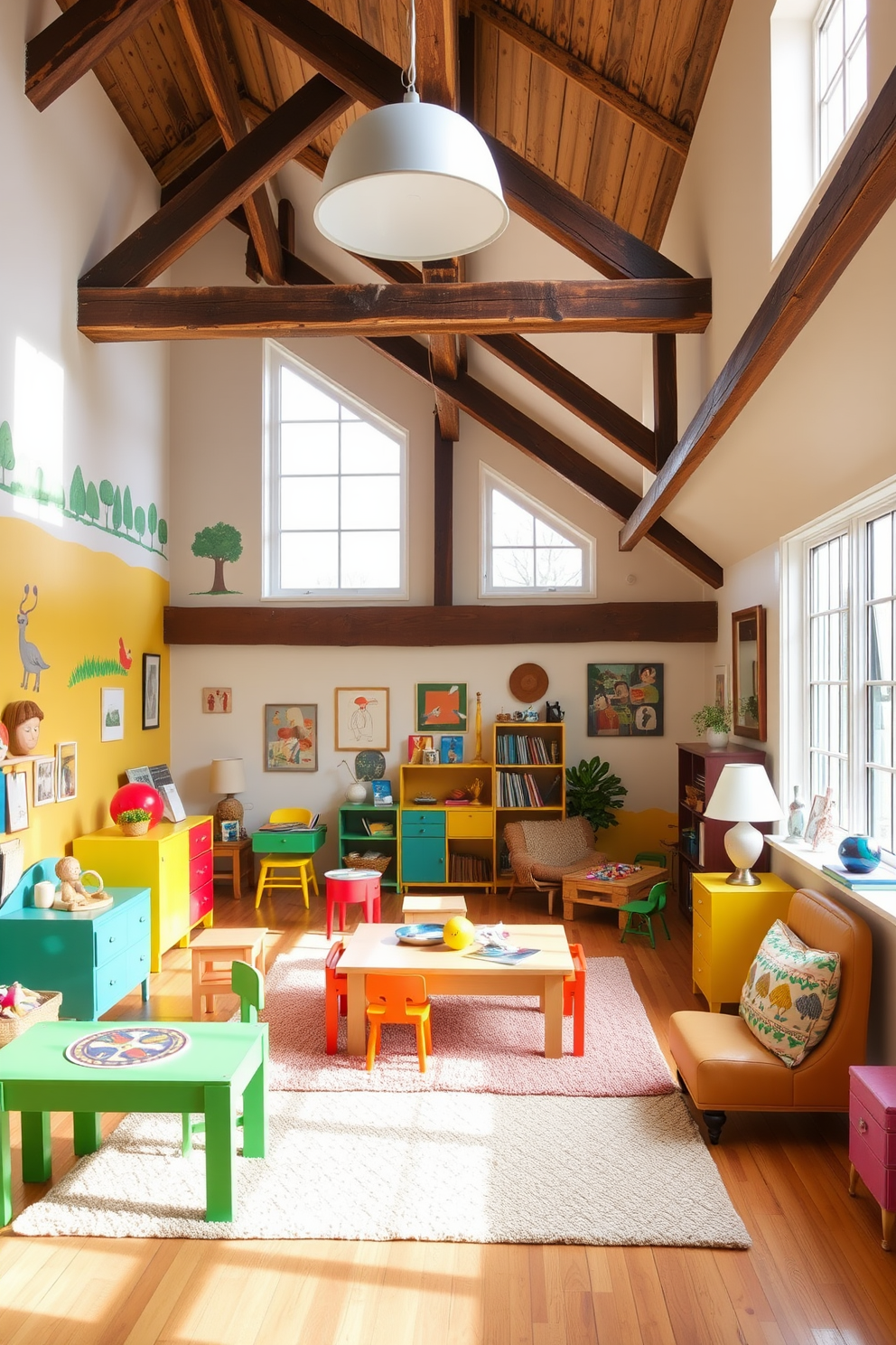 A vibrant kids playroom filled with colorful furniture and playful decor. The walls are adorned with whimsical murals, and a soft rug covers the floor for comfort. An inviting attic room designed as a cozy retreat. Exposed beams create a rustic charm, while large windows allow natural light to flood the space, showcasing a mix of vintage and modern furnishings.