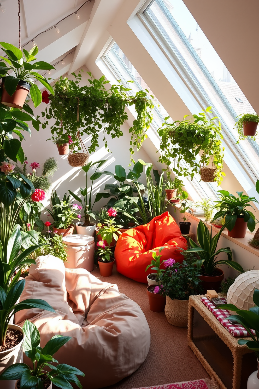 An indoor garden filled with a variety of potted plants creates a serene and vibrant atmosphere. Sunlight filters through large windows, illuminating the lush greenery and colorful blooms. A fun attic room design features cozy nooks with bean bags and a small reading corner. Whimsical decor elements like fairy lights and playful wall art enhance the playful vibe of the space.